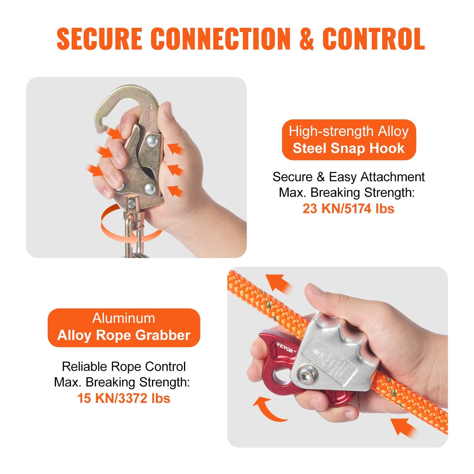 VEVOR 12.7mm Steel Core Flipline 4.8m with Snap Hook & Carabiner, 30kN Tree Climbing Lanyard for Arborist Fall Protection – Paveikslėlis 5