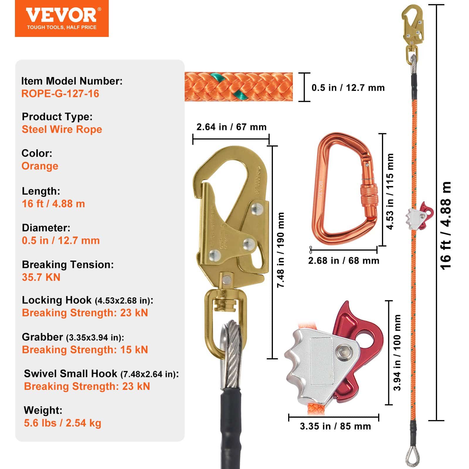 VEVOR 12.7mm Steel Core Flipline 4.8m with Snap Hook & Carabiner, 30kN Tree Climbing Lanyard for Arborist Fall Protection – Paveikslėlis 7