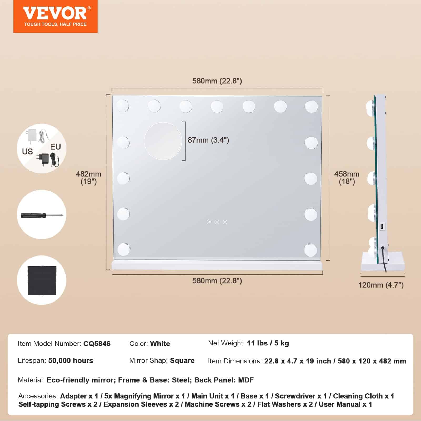 VEVOR 58x46 cm Hollywood Vanity Mirror with Lights, USB Port, 5X Magnifier, Wall/Desk Mount, 3-Color Dimmable Light — изображение 7