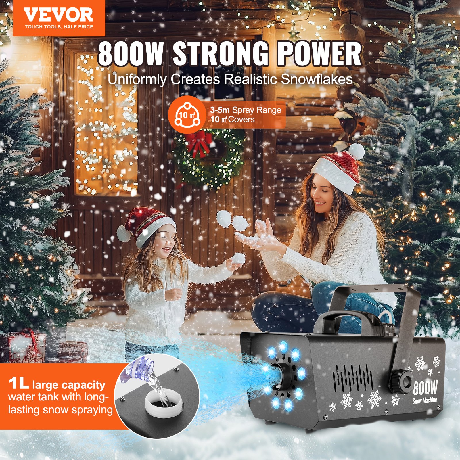 VEVOR 800W Snow Machine with LED Lights, 1L Tank & Remote, Indoor Handheld/Hanging Fake Snow Maker for Parties & Events - Image 2