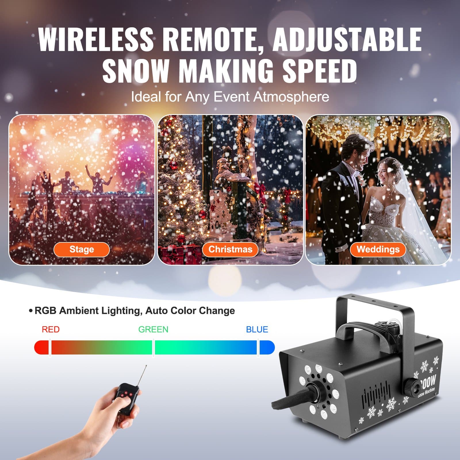VEVOR 800W Snow Machine with LED Lights, 1L Tank & Remote, Indoor Handheld/Hanging Fake Snow Maker for Parties & Events - Image 4