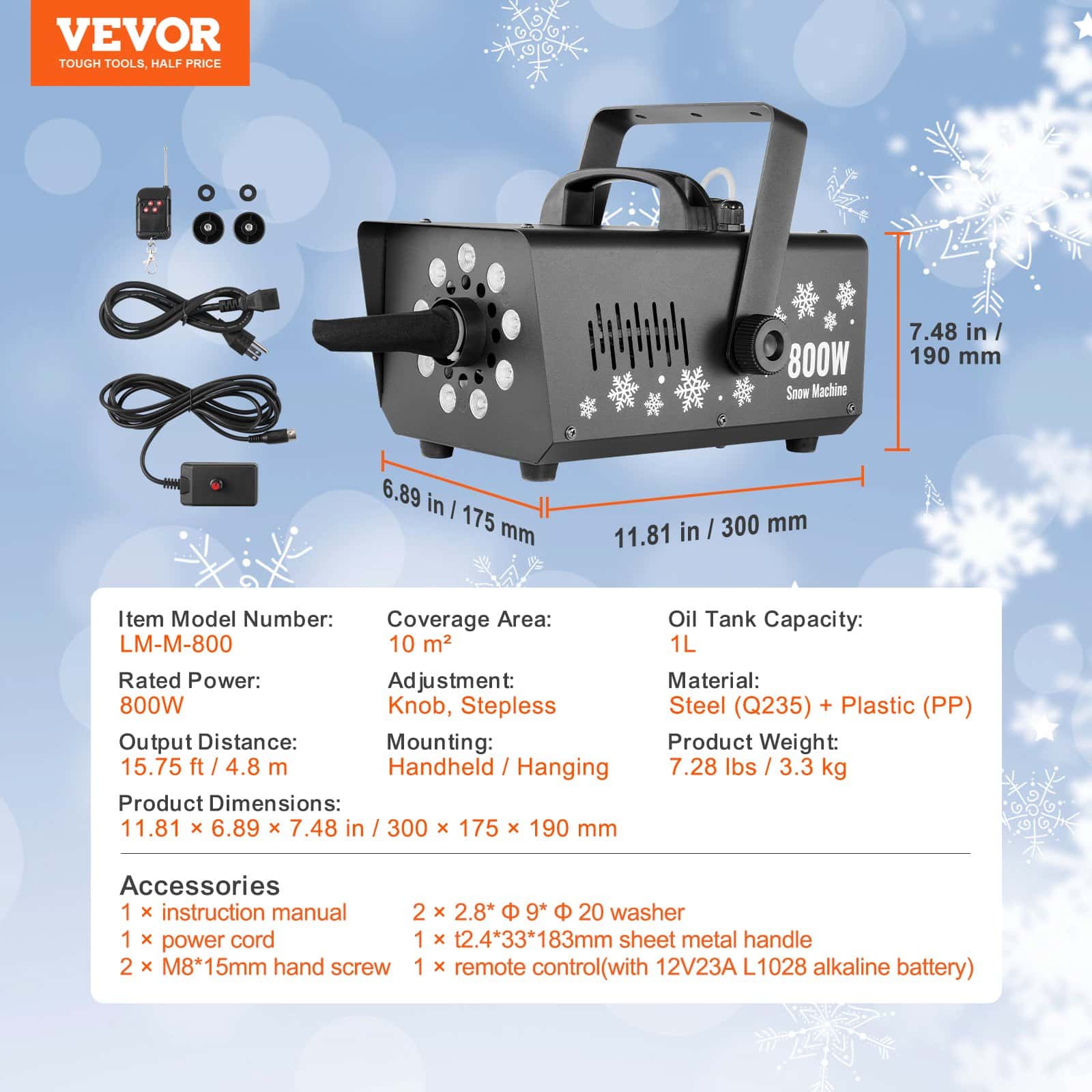 VEVOR 800W Snow Machine with LED Lights, 1L Tank & Remote, Indoor Handheld/Hanging Fake Snow Maker for Parties & Events - Image 7