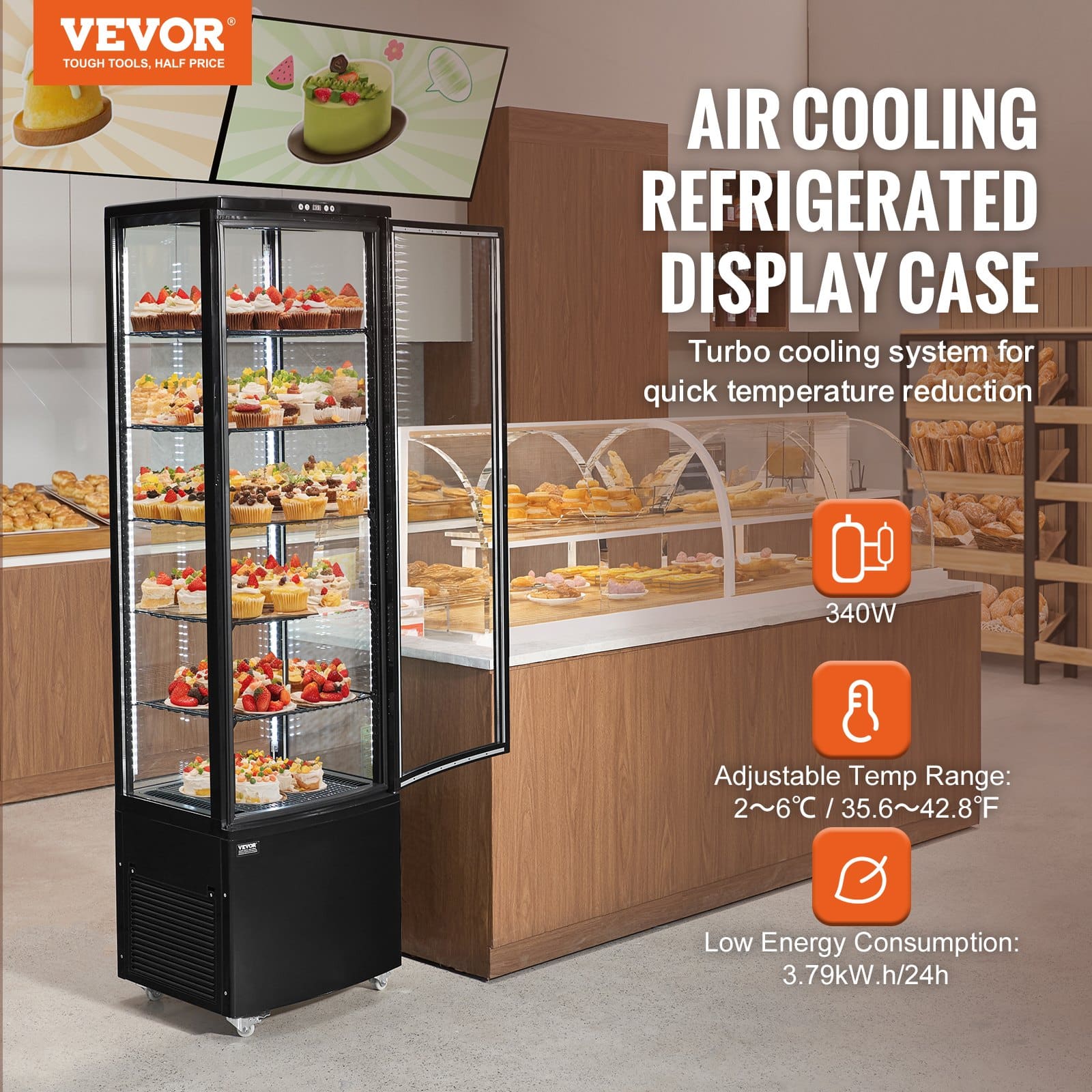 VEVOR 278L Refrigerated Pastry Display Case, 5-Tier Commercial Fridge with LED, Turbo Cooling, for Bakery & Café - Image 2
