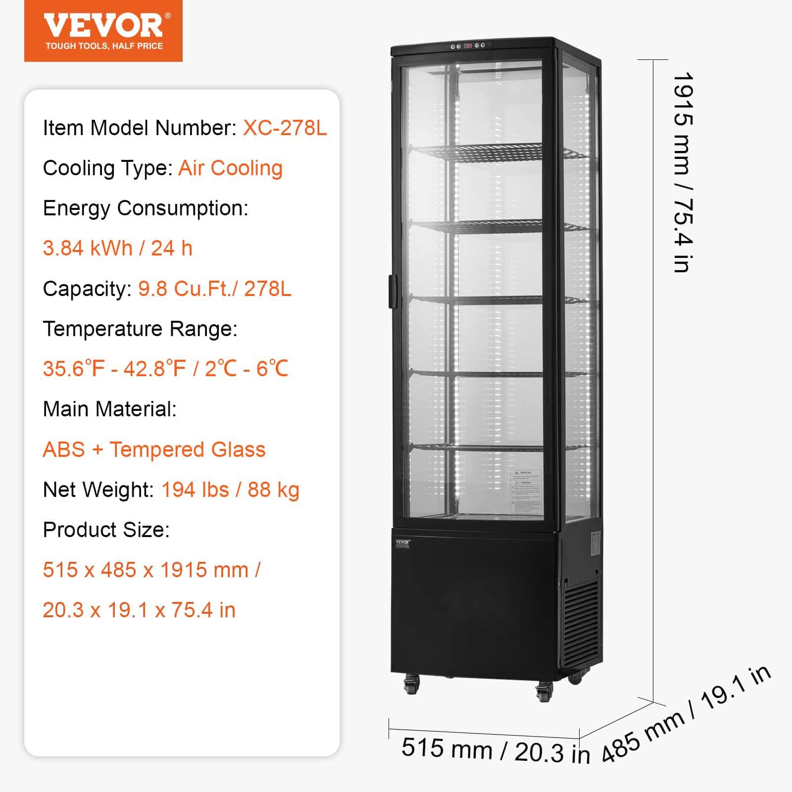 VEVOR 278L Refrigerated Pastry Display Case, 5-Tier Commercial Fridge with LED, Turbo Cooling, for Bakery & Café - Image 7