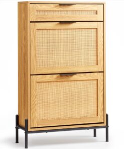 VEVOR Rattan Shoe Cabinet with 2 Flip Drawers & 1 Slide Drawer, Slim Light Wood Shoe Organizer with Metal Legs for Entryway or Hallway