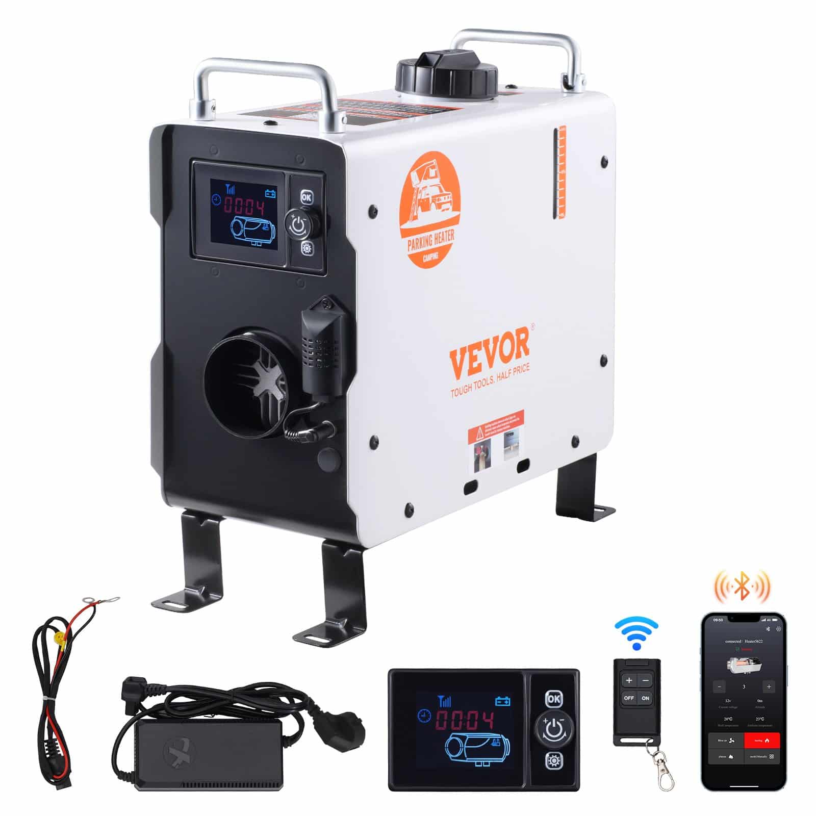 VEVOR 2kW 12V/24V Portatīvais Dīzeļa Sildītājs ar Bluetooth, CO Signalizāciju, Tālvadību, Ātru Sildīšanu Auto, RV, Ārā
