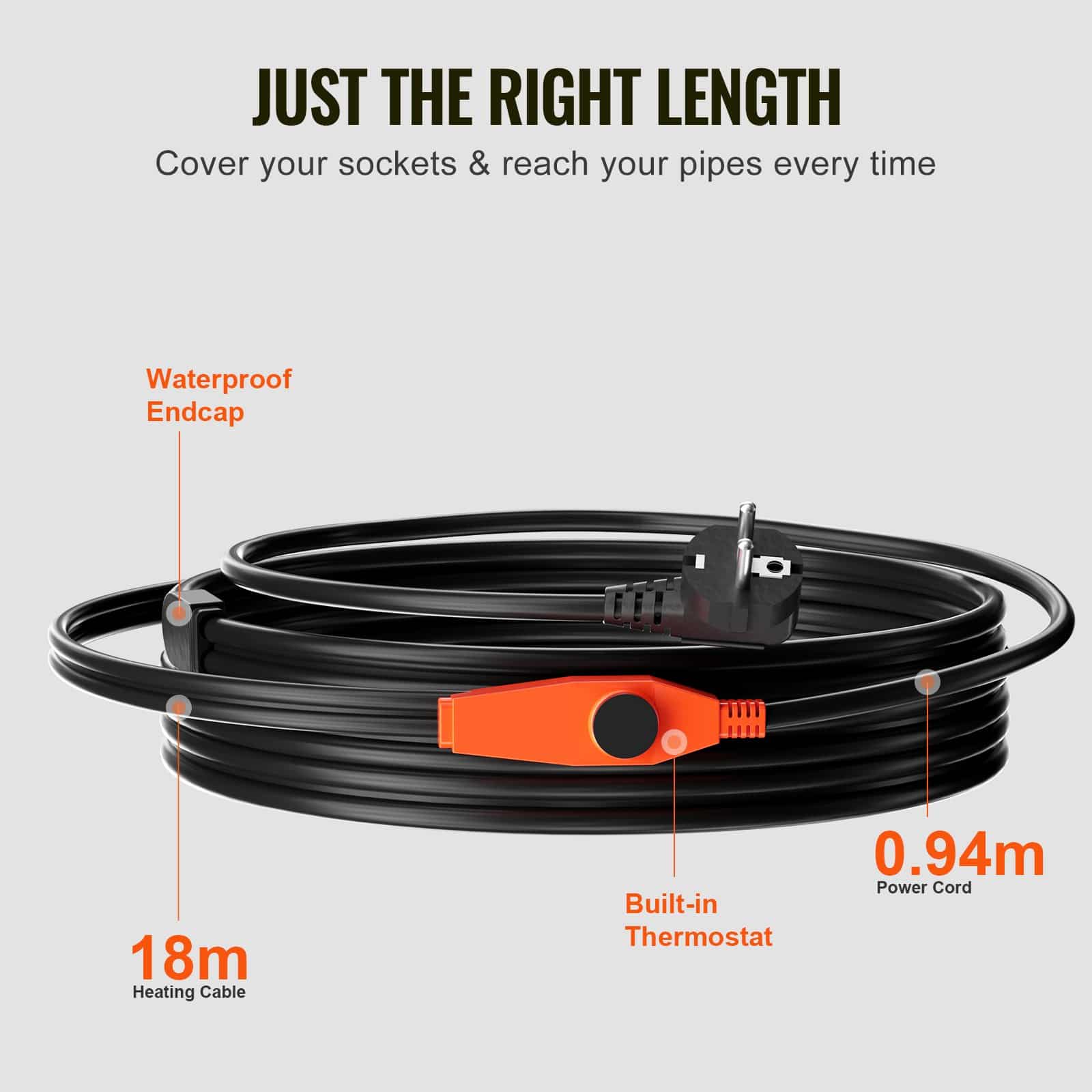 VEVOR 18m Pipe Heating Cable 23W/m with Thermostat – Waterproof Heat Tape for PVC, Metal & Plastic Pipes, Anti-Freeze - Зображення 5