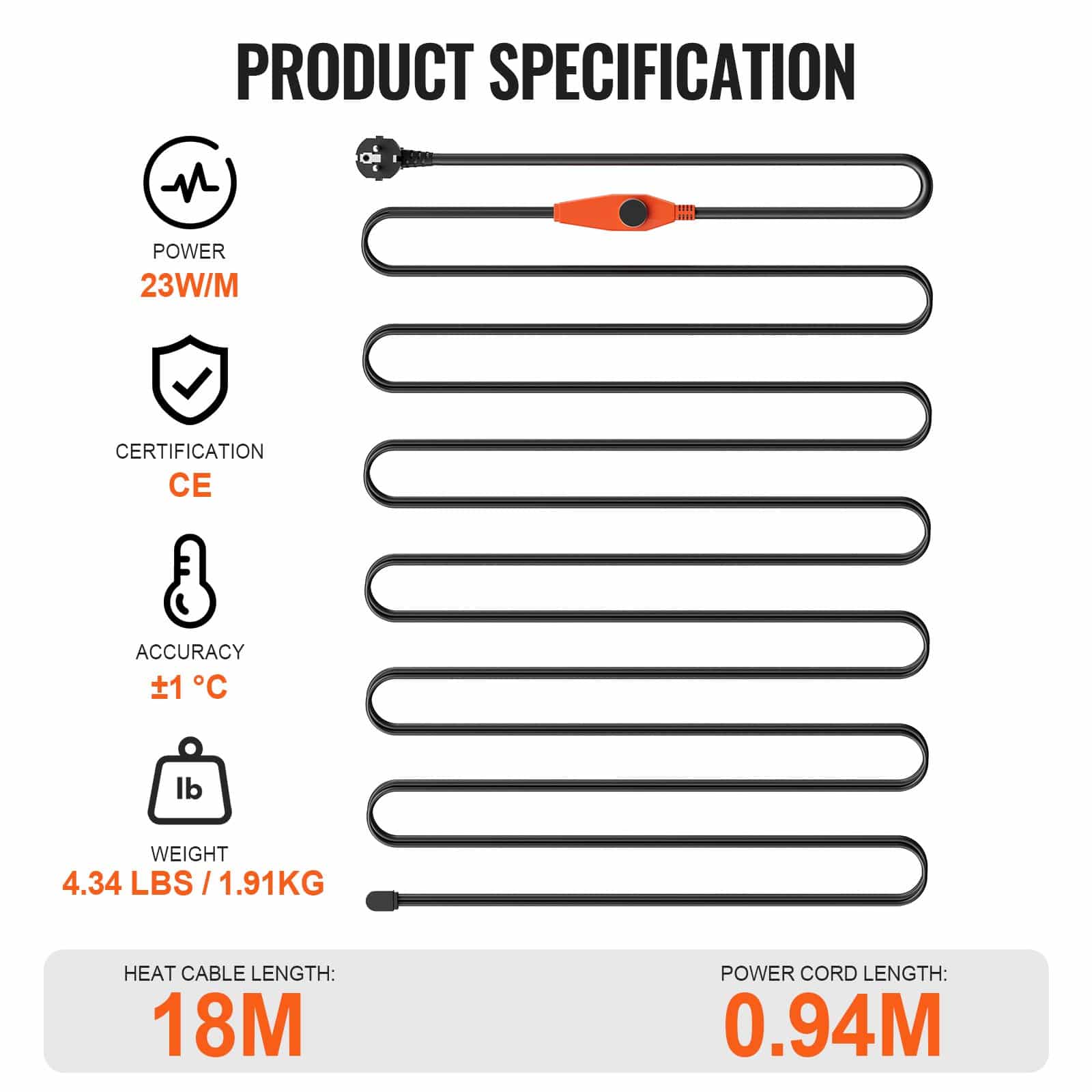 VEVOR 18m Pipe Heating Cable 23W/m with Thermostat – Waterproof Heat Tape for PVC, Metal & Plastic Pipes, Anti-Freeze - Зображення 7