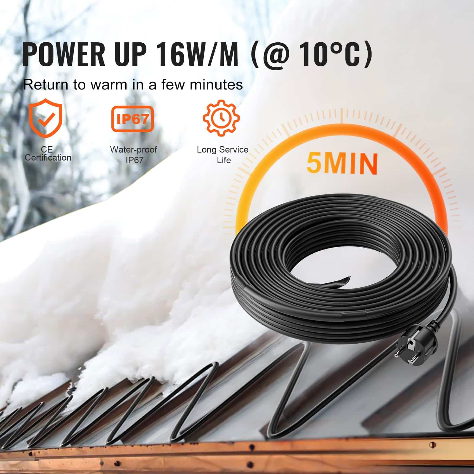 VEVOR 15m Self-Regulating Pipe Heating Cable 16W/m, Roof & Gutter De-icing Heat Tape, IP67 Waterproof, Anti-Freeze Protection - Зображення 3
