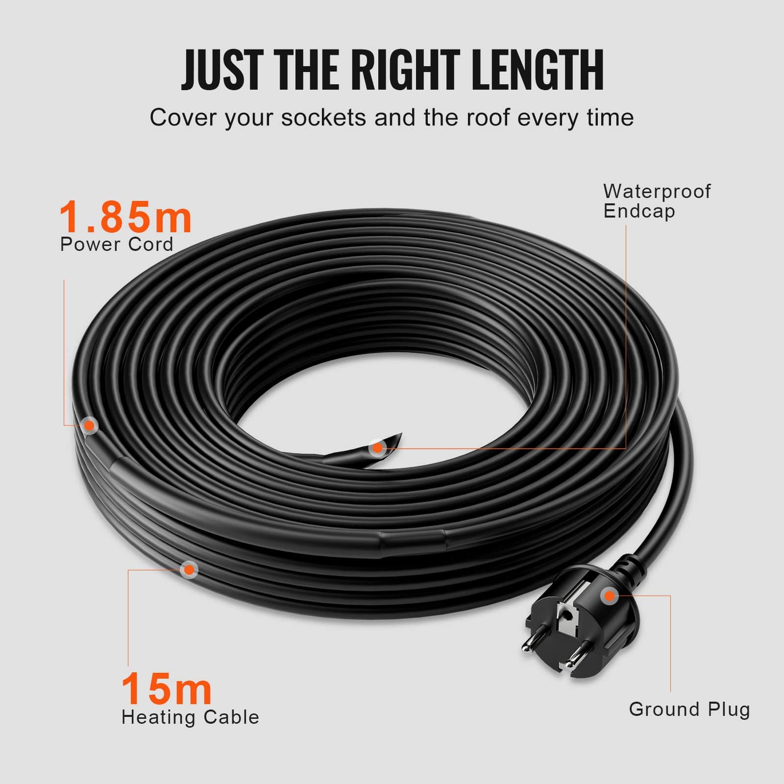 VEVOR 15m Self-Regulating Pipe Heating Cable 16W/m, Roof & Gutter De-icing Heat Tape, IP67 Waterproof, Anti-Freeze Protection - Зображення 5