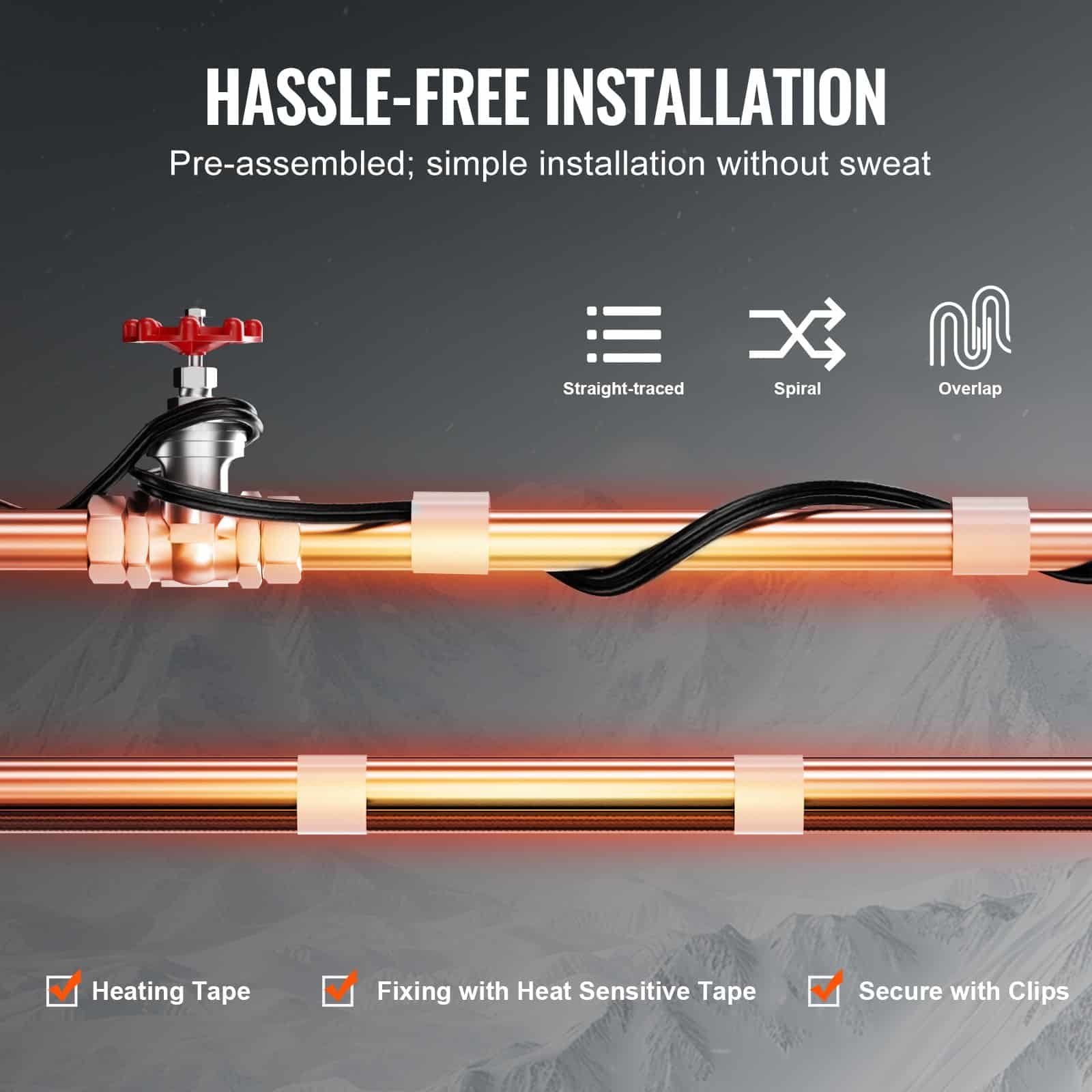 VEVOR 15m Self-Regulating Pipe Heating Cable 16W/m, Roof & Gutter De-icing Heat Tape, IP67 Waterproof, Anti-Freeze Protection - Зображення 6