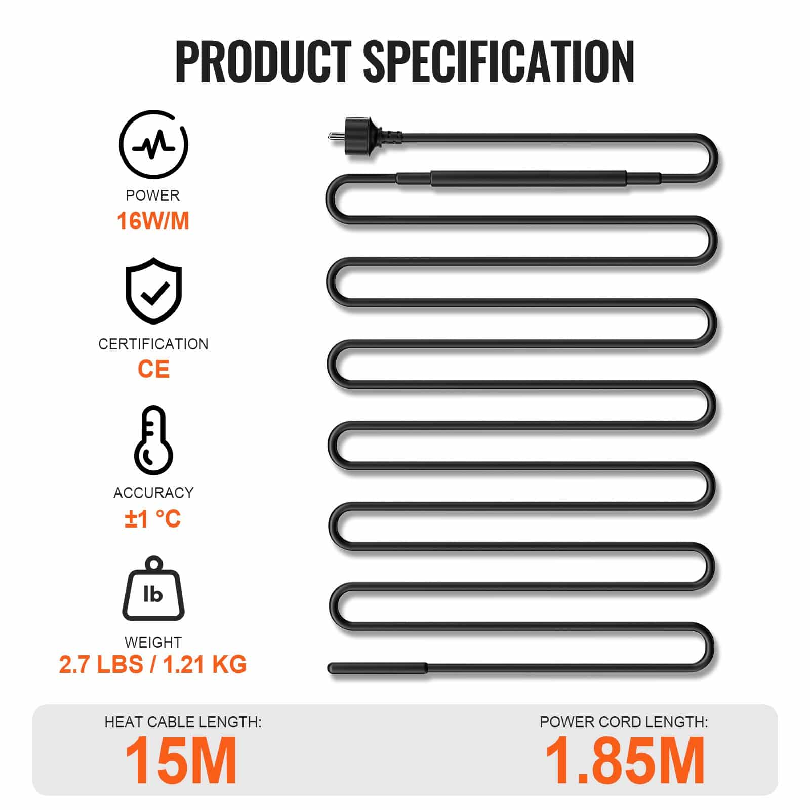 VEVOR 15m Self-Regulating Pipe Heating Cable 16W/m, Roof & Gutter De-icing Heat Tape, IP67 Waterproof, Anti-Freeze Protection - Зображення 7