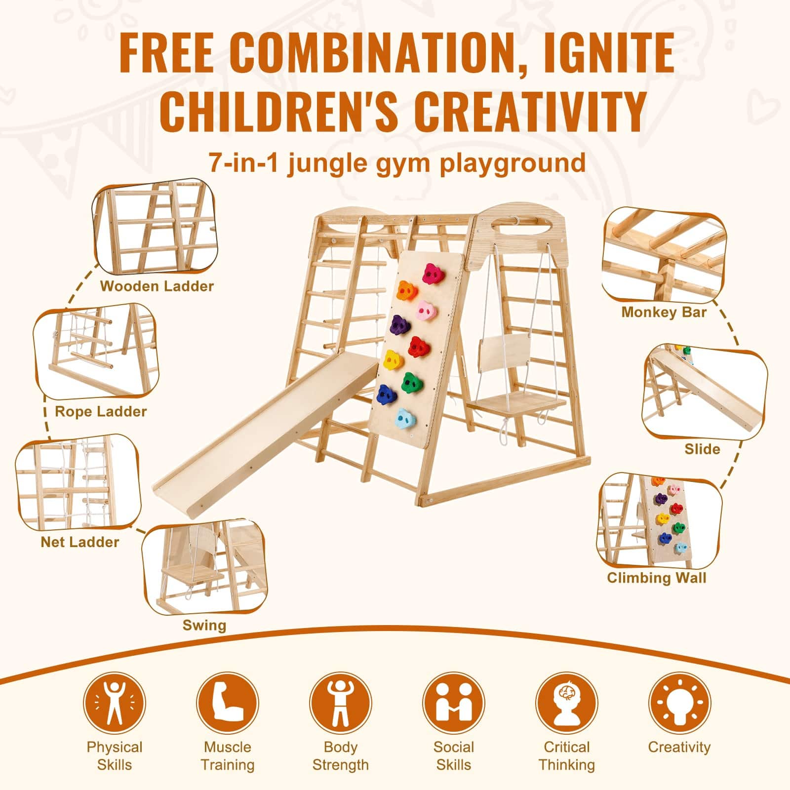 VEVOR 7-in-1 Wooden Indoor Jungle Gym for Toddlers – Climbing Toys with Slide, Swing, Monkey Bars, Ladders, 120 x 147 x 142 cm - Pilt 3