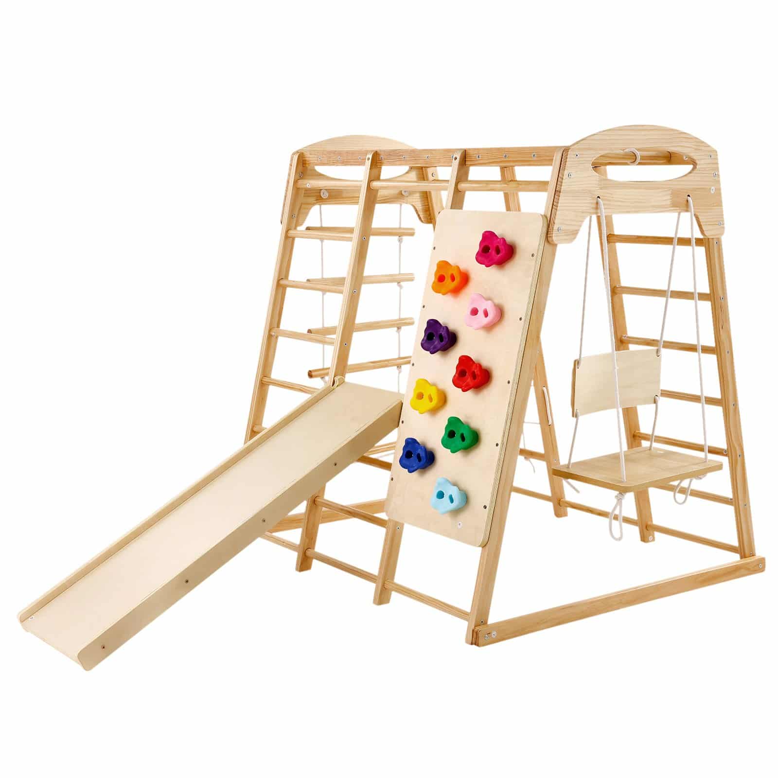 VEVOR 7-in-1 Wooden Indoor Jungle Gym for Toddlers – Climbing Toys with Slide, Swing, Monkey Bars, Ladders, 120 x 147 x 142 cm - Pilt 10