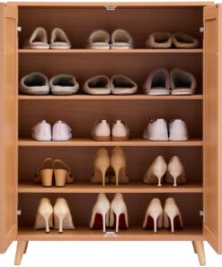 VEVOR обувной шкаф из ротанга на 5 уровней с 2 дверцами, регулируемые полки, высота 102.5 см, светло-деревянный для прихожей