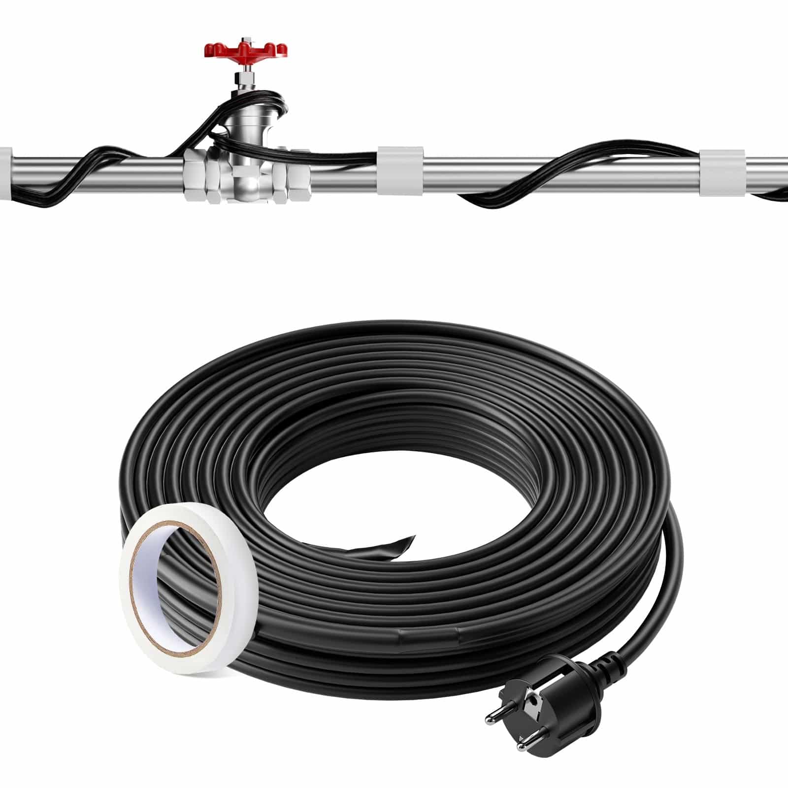 VEVOR 18.3m 16.4W/m Self-Regulating Pipe Heating Cable with Thermostat – Freeze Protection for Metal, PVC & Plastic Pipes