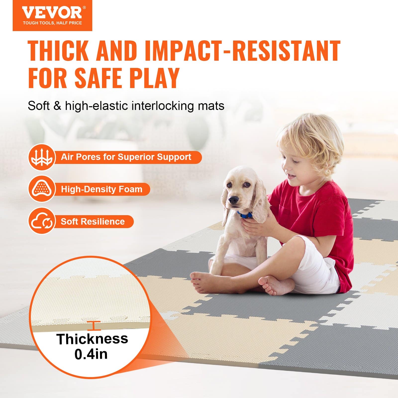 VEVOR Kids Play Mat 16 Tiles, EVA Foam Puzzle Mat 1cm Thick, 30x30cm, 1.5m² Coverage, Interlocking, Camel/Gray/Beige – Paveikslėlis 2