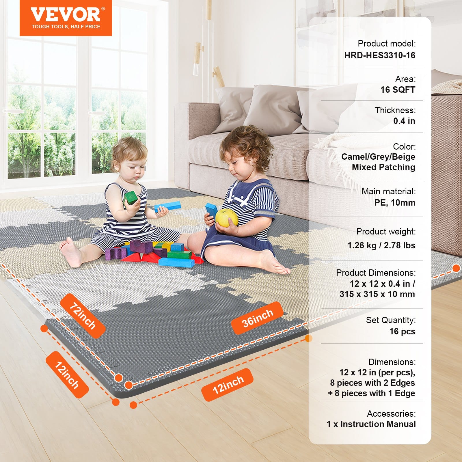 VEVOR Kids Play Mat 16 Tiles, EVA Foam Puzzle Mat 1cm Thick, 30x30cm, 1.5m² Coverage, Interlocking, Camel/Gray/Beige – Paveikslėlis 7