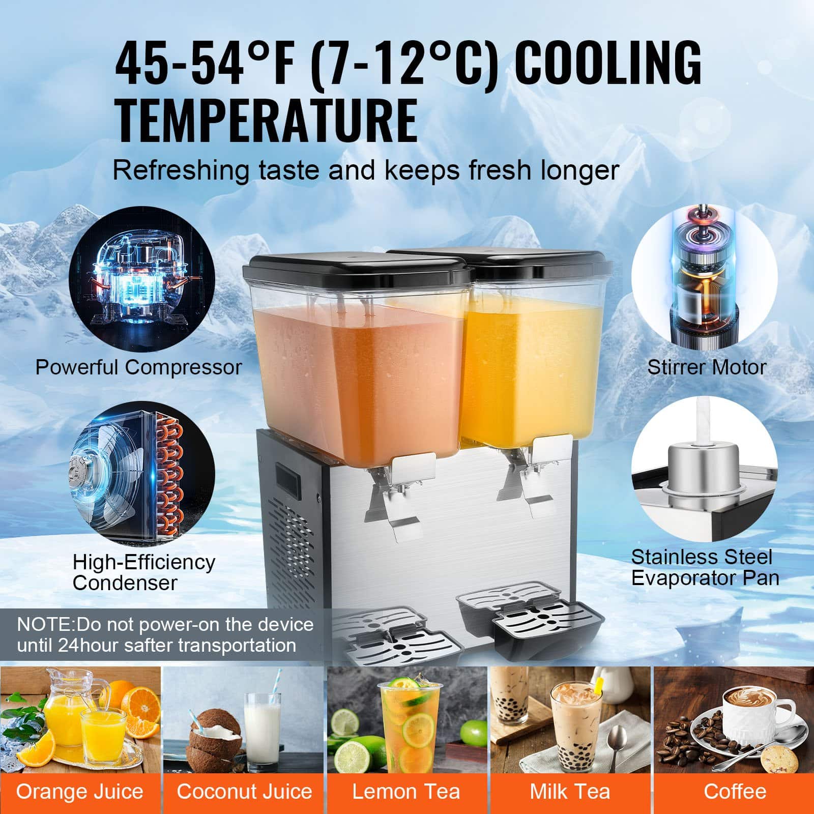 VEVOR 2x18L Commercial Cold Drink Dispenser, 370W Stainless Steel Juice Machine with 7–12°C Cooling for Bar Restaurant Events — изображение 3