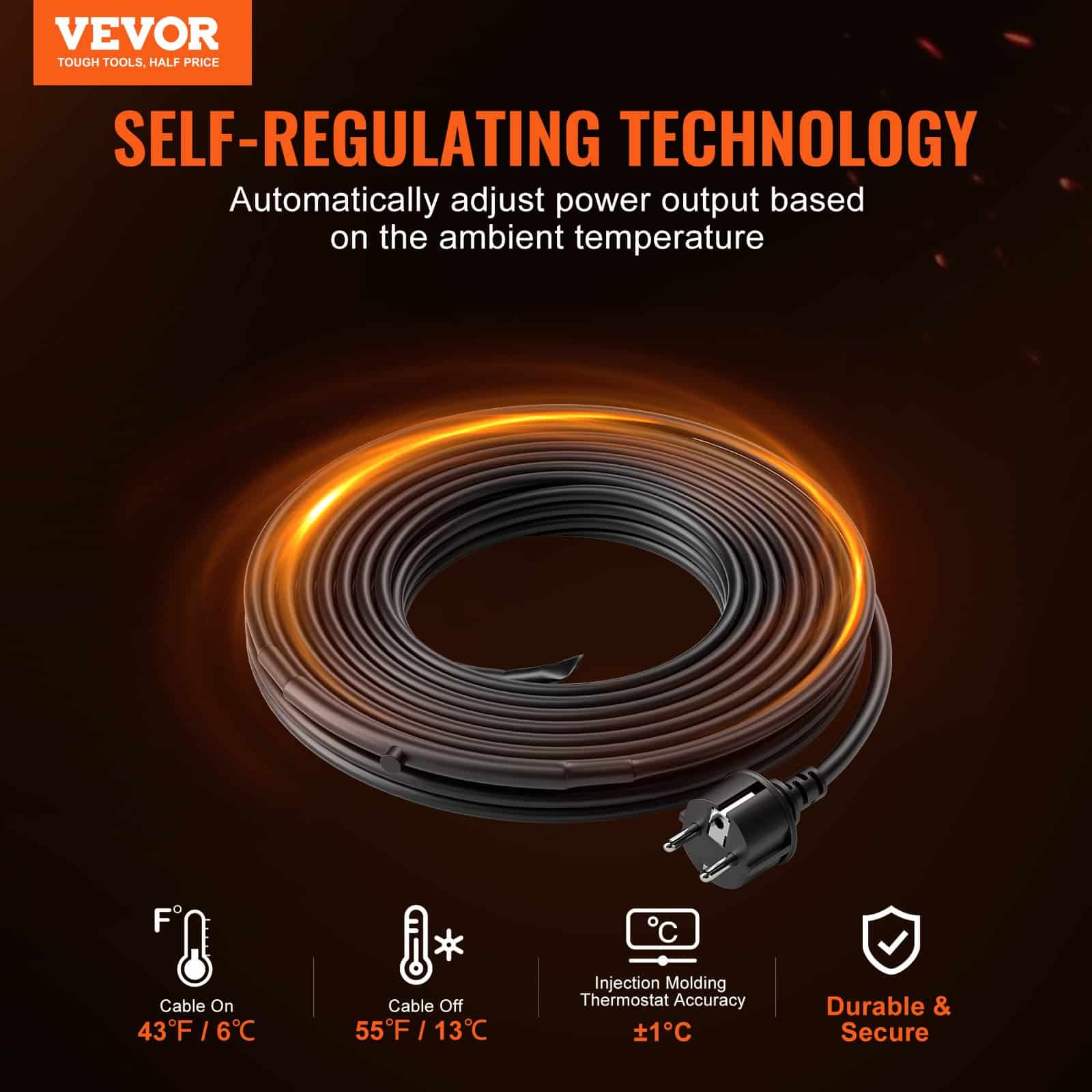 VEVOR 5.5m Self-Regulating Pipe Heating Cable 16.4W/m with Thermostat – Freeze Protection for PVC, Metal & Plastic Pipes - Зображення 2