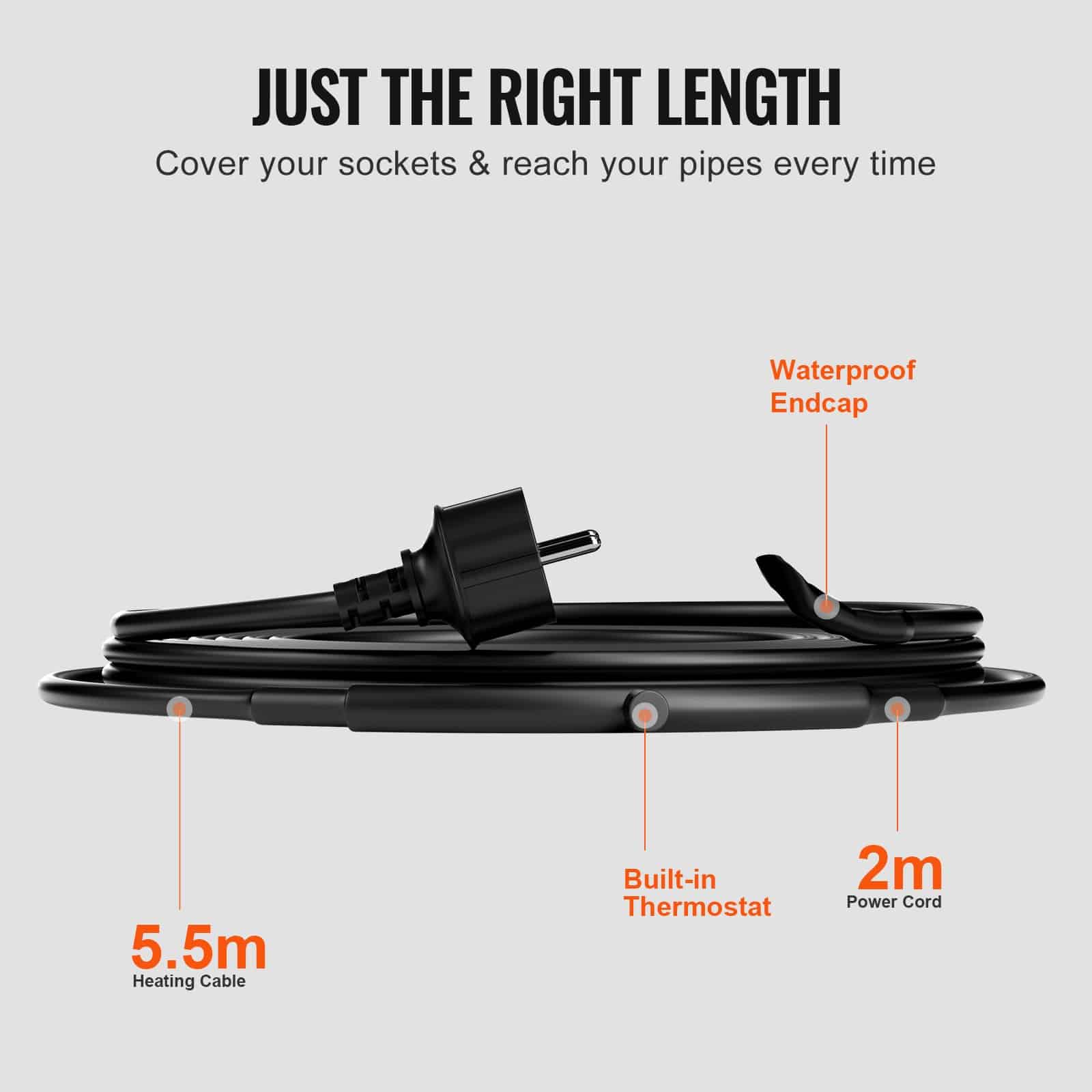 VEVOR 5.5m Self-Regulating Pipe Heating Cable 16.4W/m with Thermostat – Freeze Protection for PVC, Metal & Plastic Pipes - Зображення 5