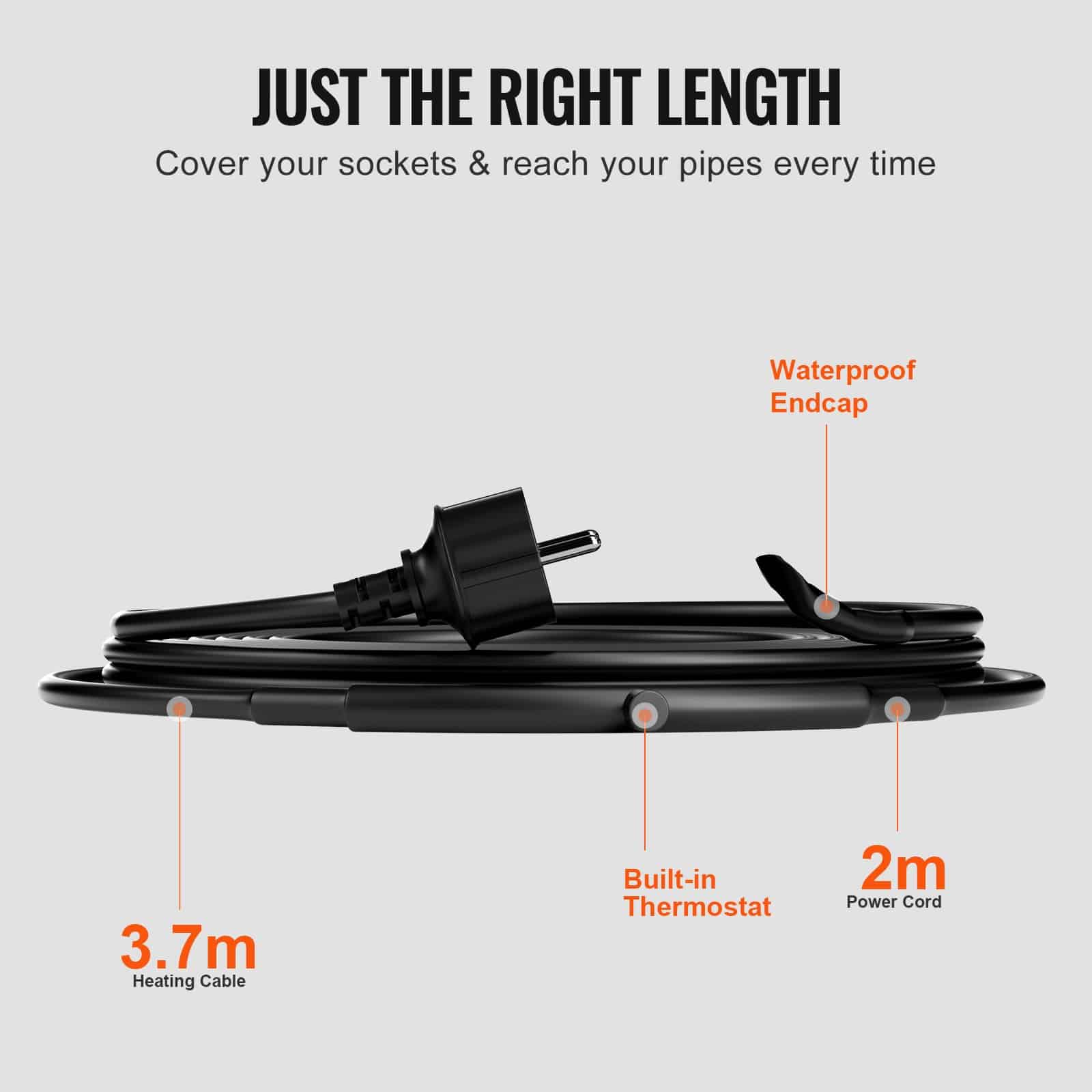 VEVOR 3.7m Self-Regulating Pipe Heating Cable with Thermostat, 16.4W/m, Freeze Protection for PVC and Metal Pipes - Зображення 5