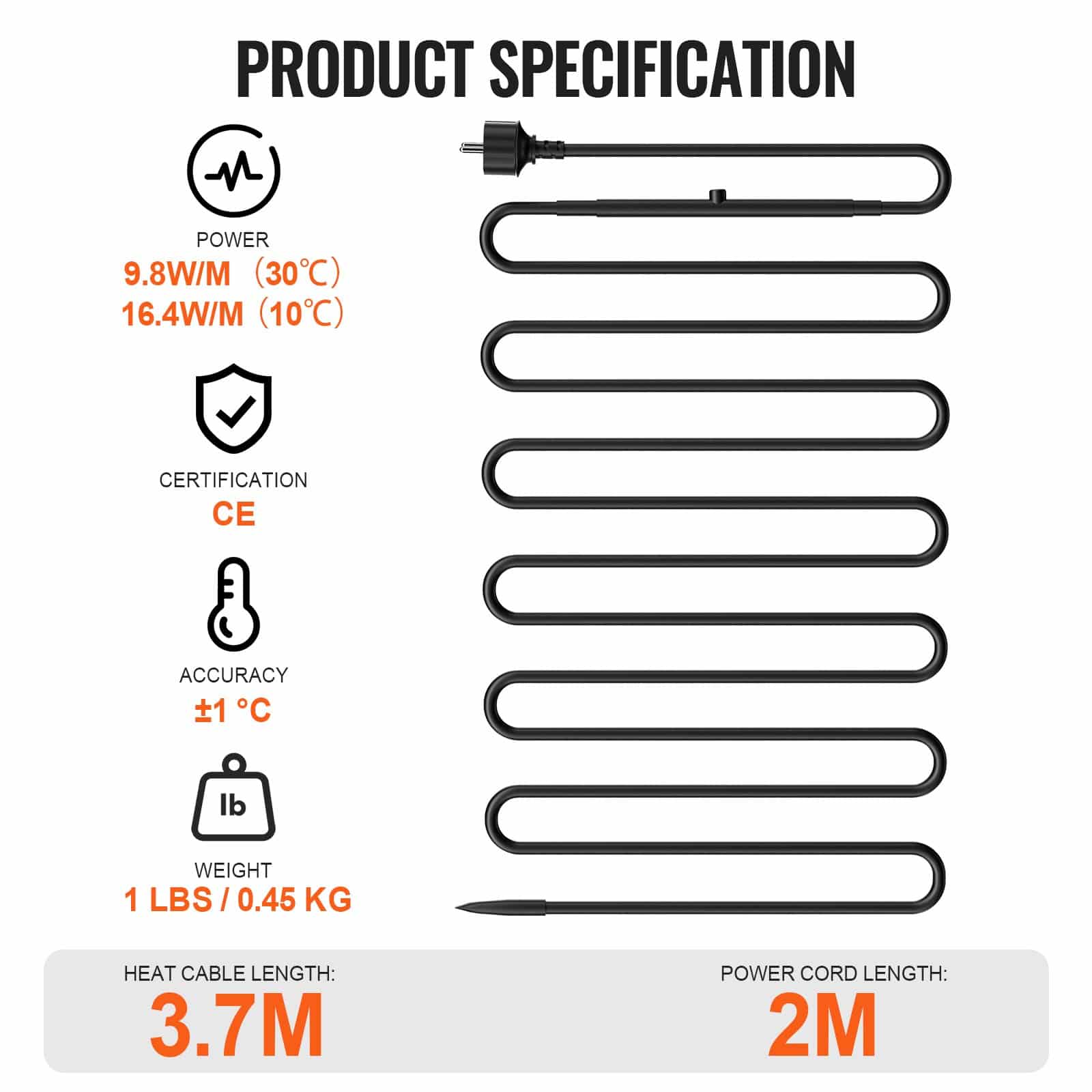 VEVOR 3.7m Self-Regulating Pipe Heating Cable with Thermostat, 16.4W/m, Freeze Protection for PVC and Metal Pipes - Зображення 7