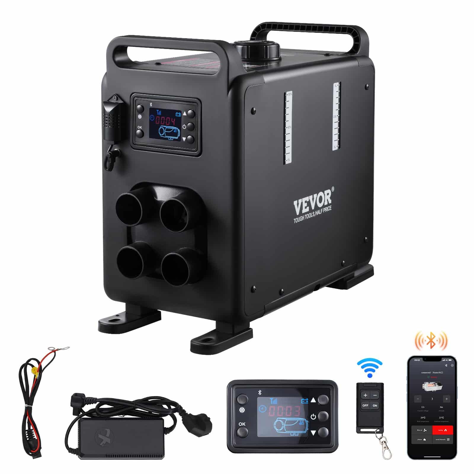 VEVOR 8kW 12/24V Diesel Air Heater with Bluetooth, Remote & CO Alarm, Quiet Fast Heating for Vehicles, Garage & Camping