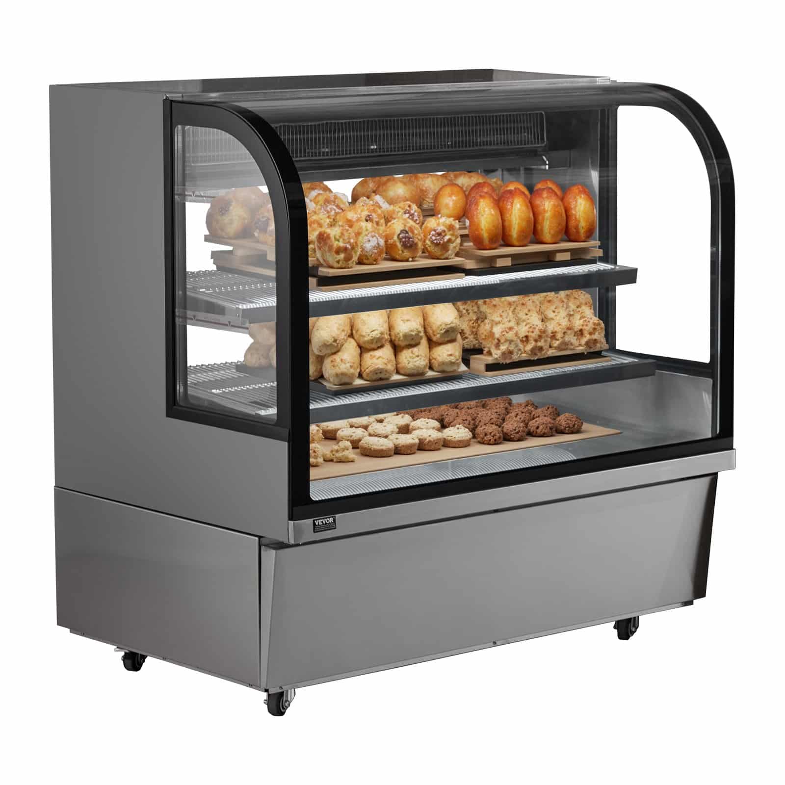 VEVOR 505L Commercial Refrigerated Pastry Display Case, 2-Tier Glass Fridge with LED, Downdraft Cooling, Wheels, for Bakery