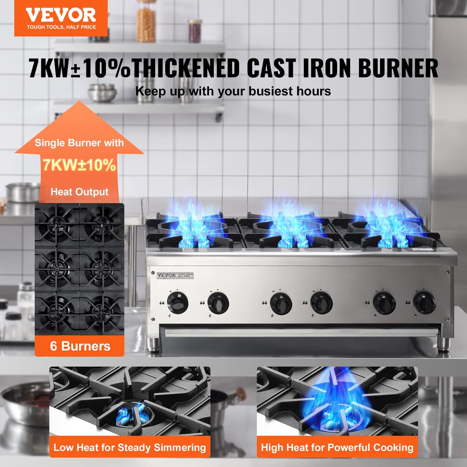 VEVOR 42kW Commercial Gas Stove with 6 Burners, Stainless Steel, for Propane & Natural Gas, Restaurant-Grade Cooktop - Зображення 2