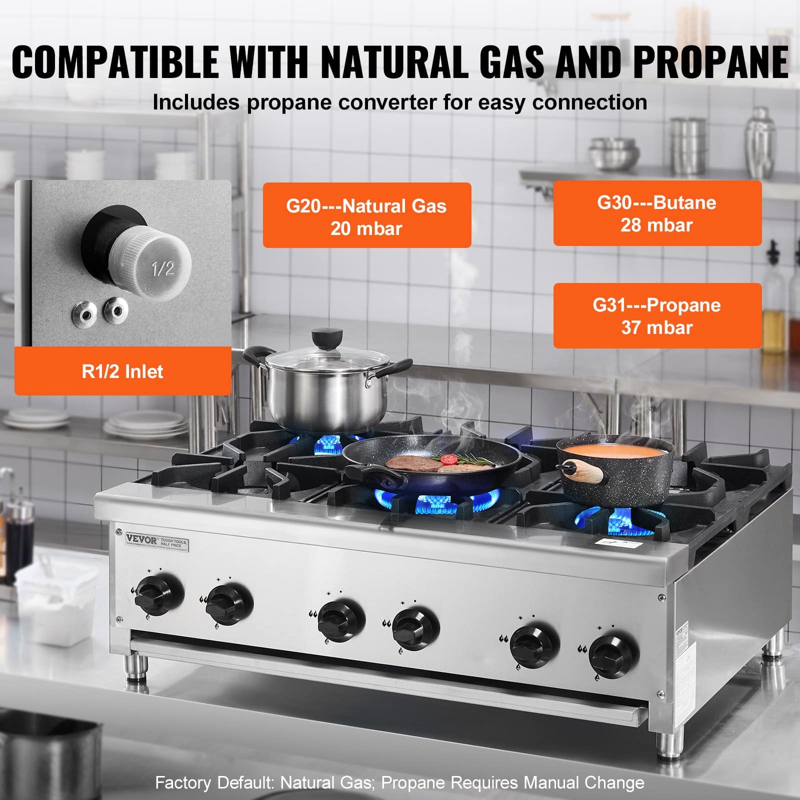 VEVOR 42kW Commercial Gas Stove with 6 Burners, Stainless Steel, for Propane & Natural Gas, Restaurant-Grade Cooktop - Зображення 3