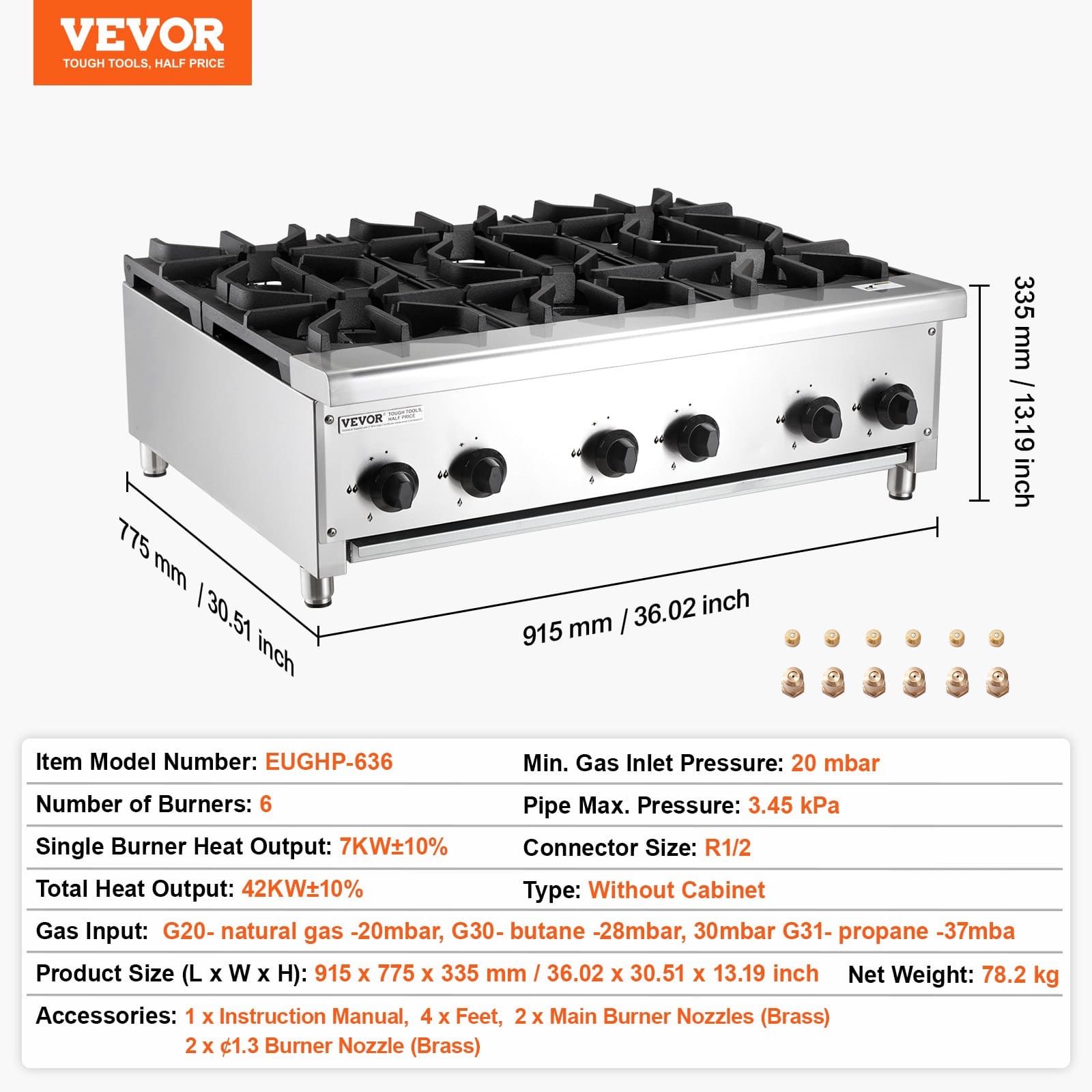 VEVOR 42kW Commercial Gas Stove with 6 Burners, Stainless Steel, for Propane & Natural Gas, Restaurant-Grade Cooktop - Зображення 7