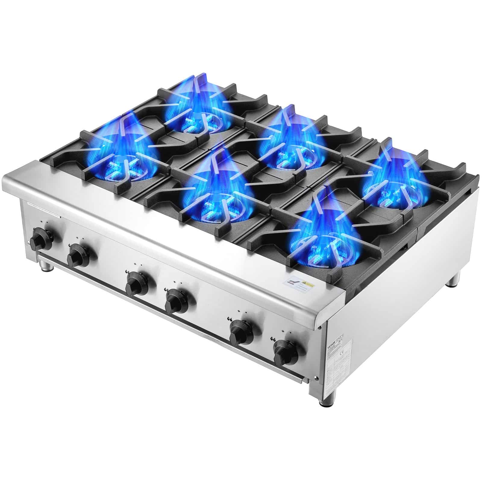 VEVOR 42kW Commercial Gas Stove with 6 Burners, Stainless Steel, for Propane & Natural Gas, Restaurant-Grade Cooktop