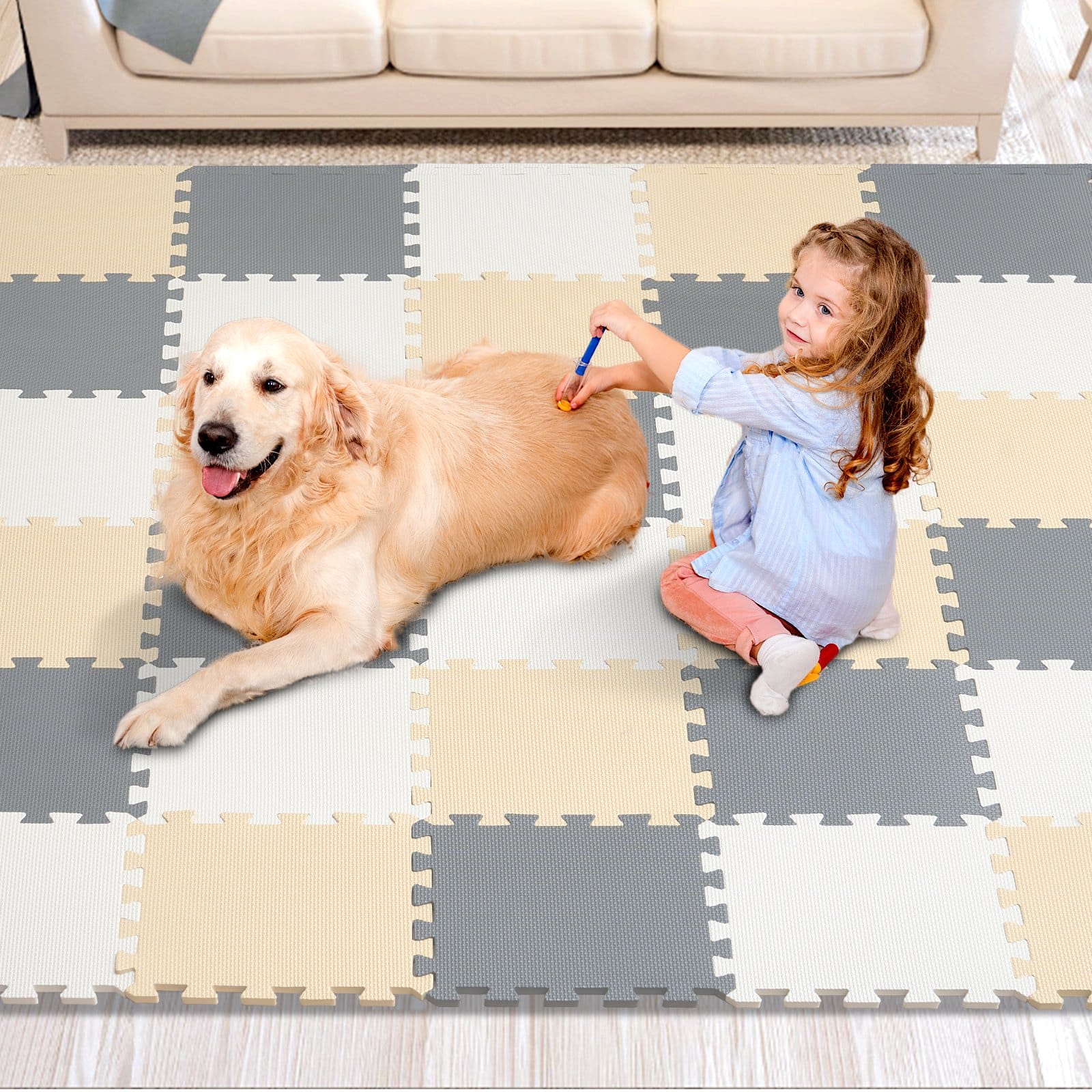 VEVOR Kids Foam Play Mat 91x91cm, 1cm Thick, 36 Interlocking EVA Tiles, 3 Colors, 3.3m² Coverage for Nursery & Playrooms