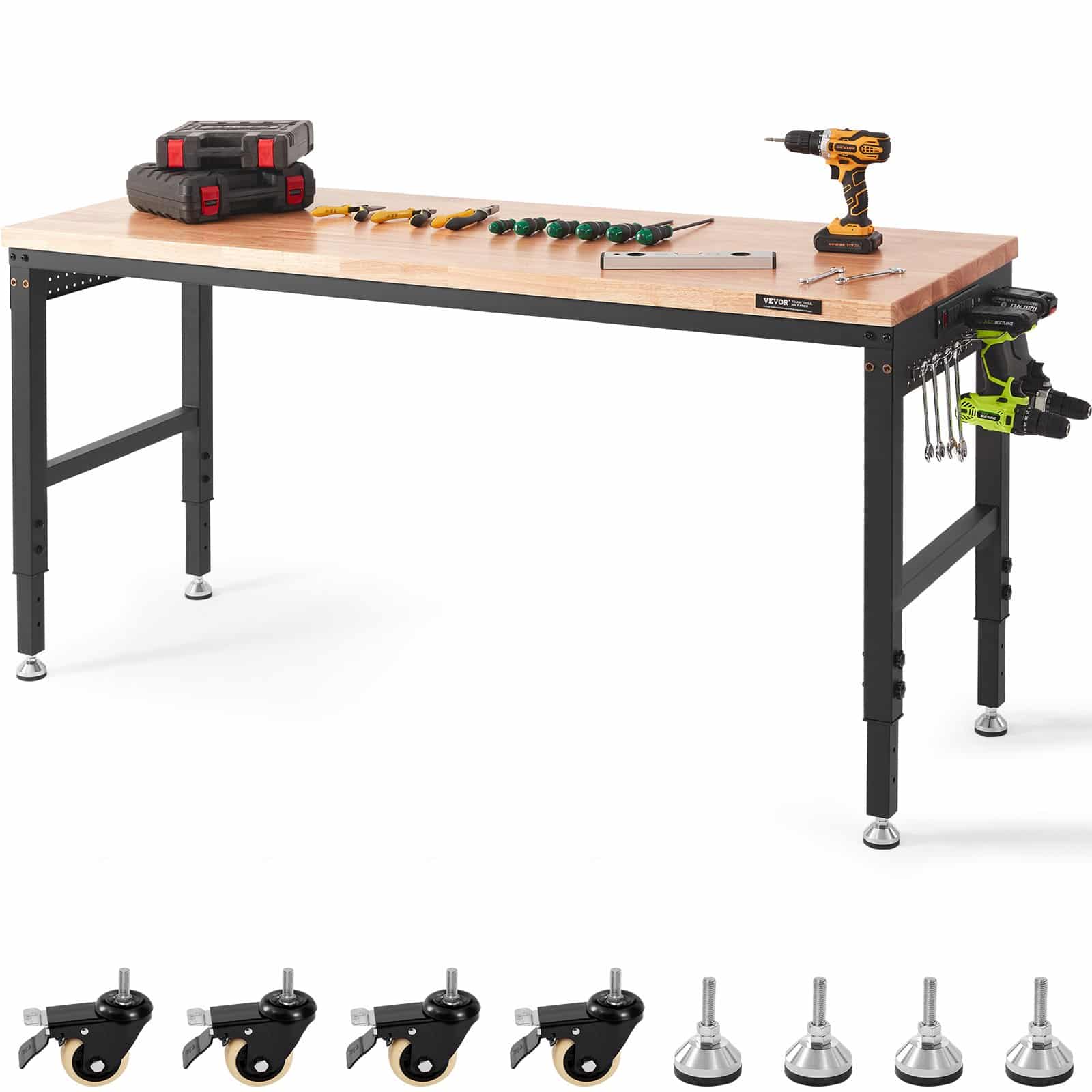 VEVOR Adjustable Workbench with Power Sockets, 1829x635 mm, Height 711–1003 mm, 1360 kg Load, Wooden Top for Garage/Home