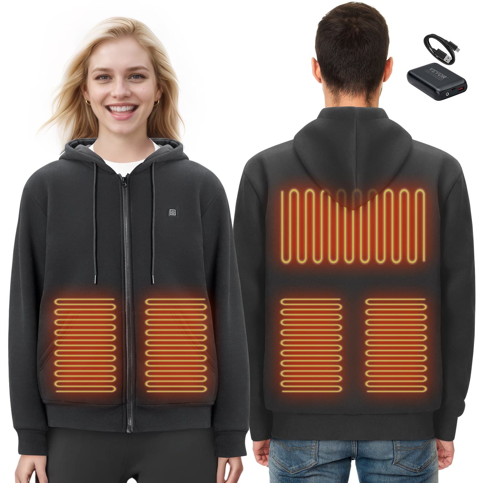 VEVOR Unisex Heated Hoodie XXL Black – Electric Zip-Up Sweatshirt with 5 Heating Zones & 8000mAh Battery for Outdoor Warmth