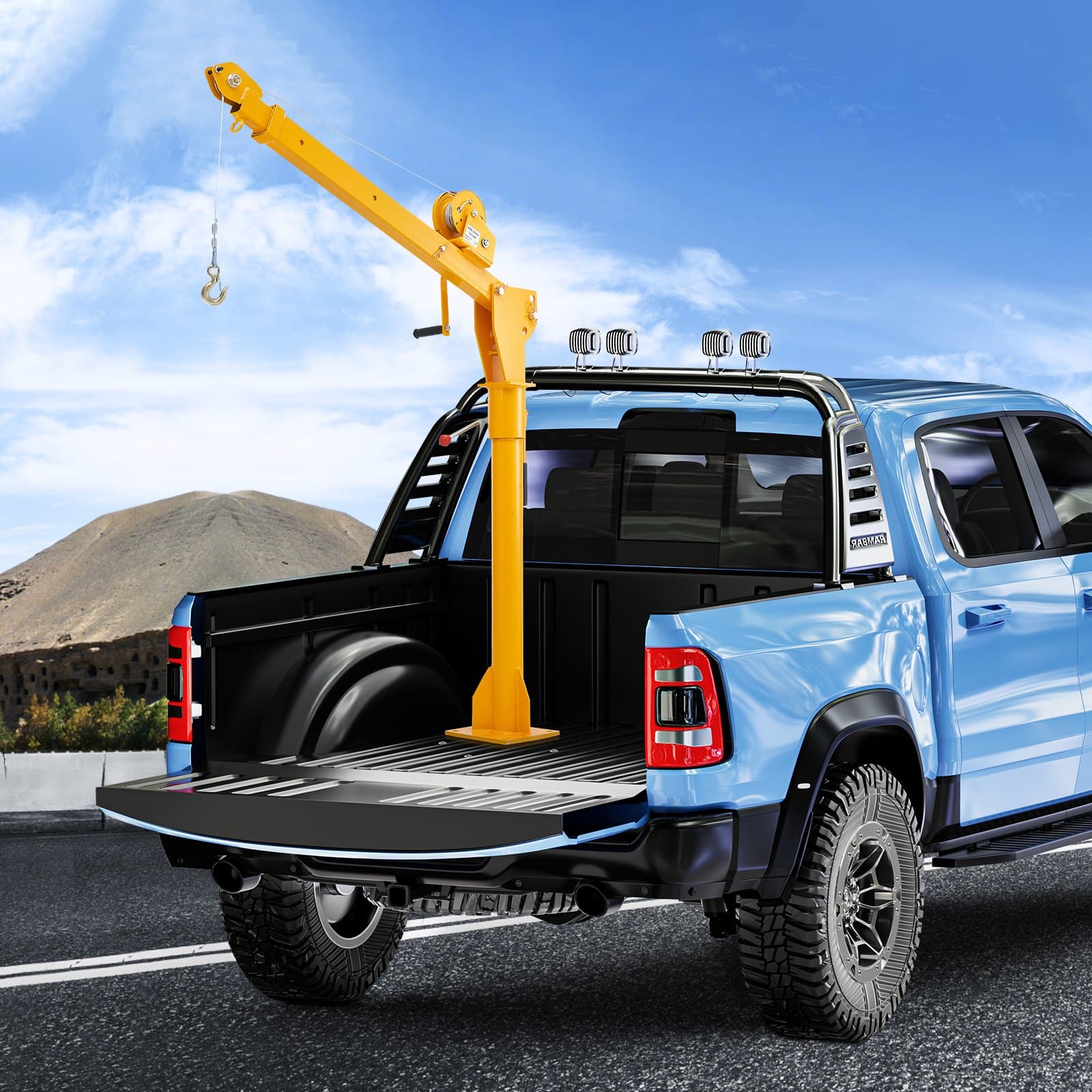 VEVOR Folding Truck Bed Crane with 499 kg Manual Winch, 360° Swivel Steel Jib Arm for Lifting in Construction and Industry - Image 8