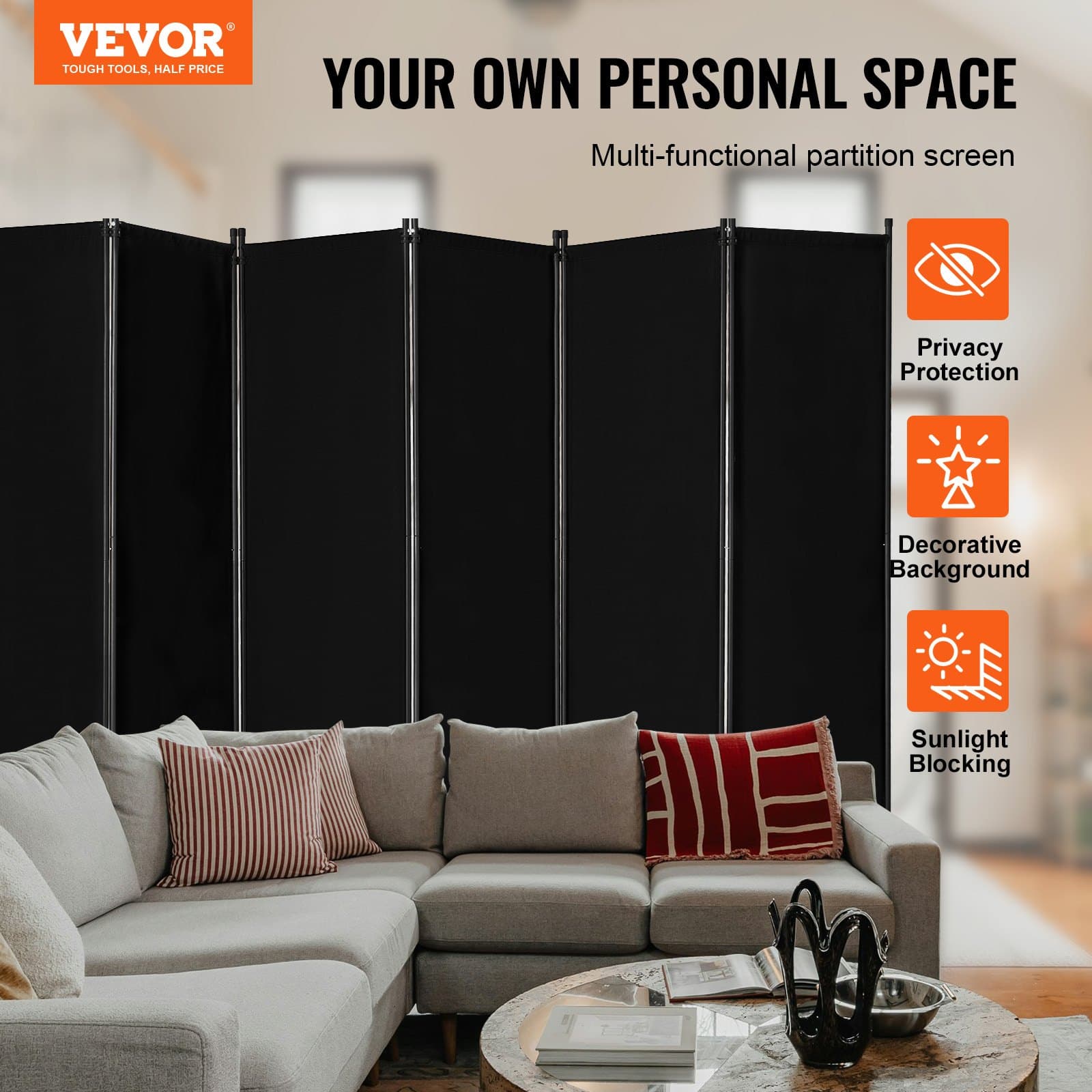 VEVOR 6-Panel Folding Room Divider, Freestanding Privacy Screen with Waterproof Oxford Fabric for Home & Office, Black