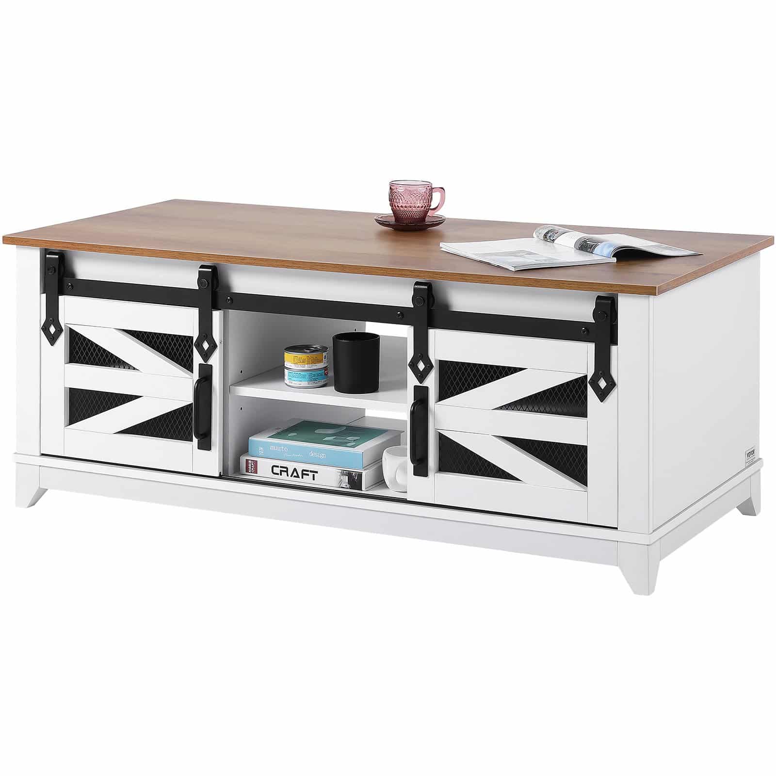 VEVOR 122cm Farmhouse Coffee Table with Sliding Barn Doors, 2-Tier Rustic Wood Table with Removable Shelves, White & Natural