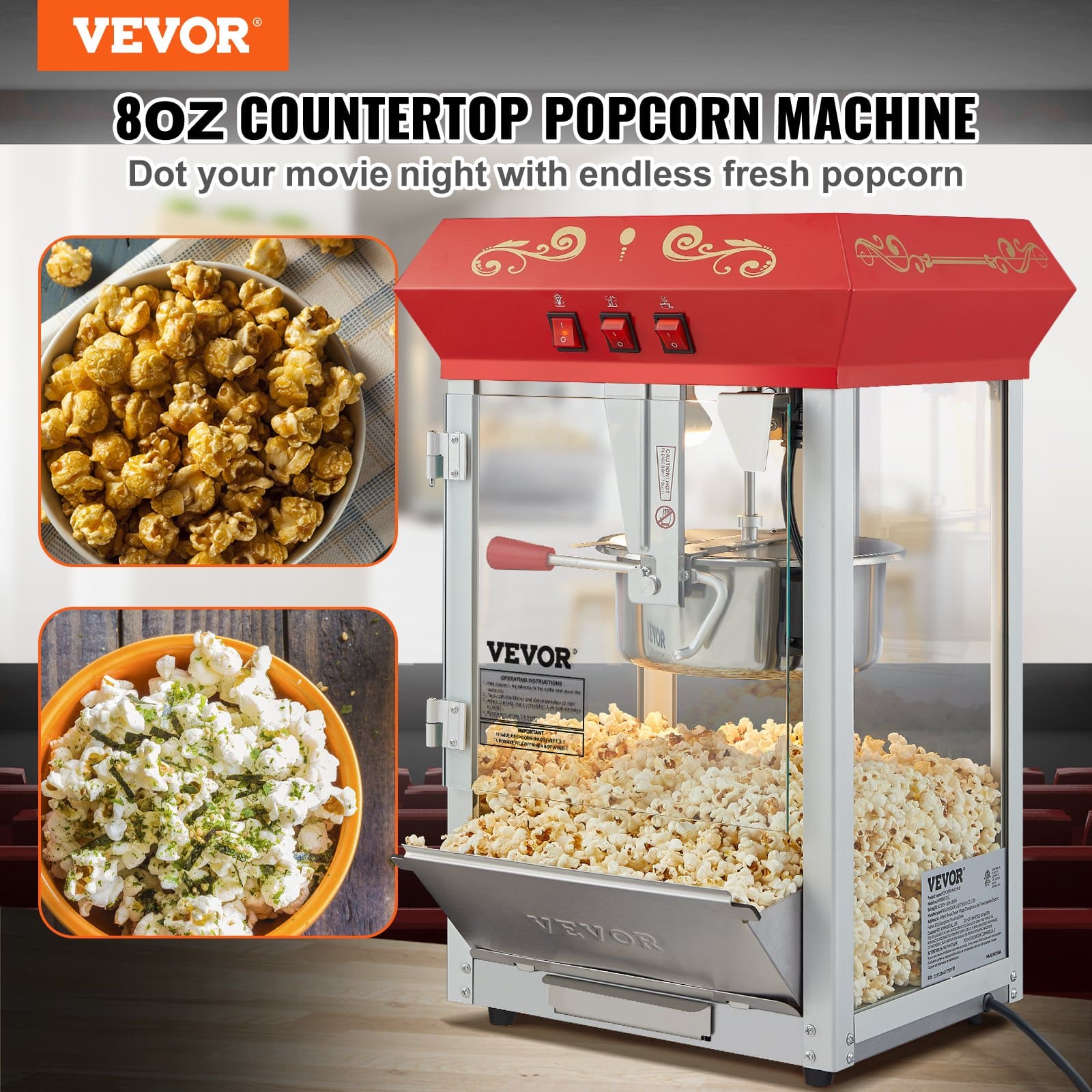 VEVOR 850W Commercial Popcorn Maker with 8 oz Kettle, Makes 48 Cups, Tempered Glass, 4 Scoops, Red Theater-Style - Image 2