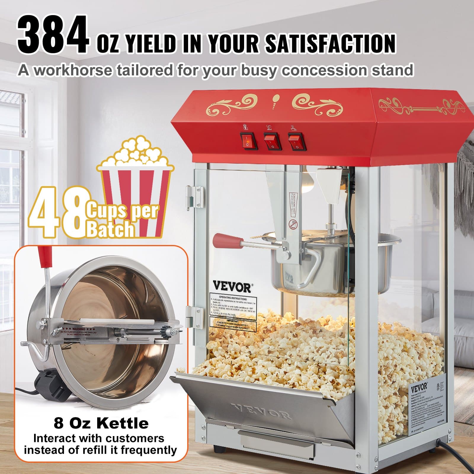 VEVOR 850W Commercial Popcorn Maker with 8 oz Kettle, Makes 48 Cups, Tempered Glass, 4 Scoops, Red Theater-Style - Image 3