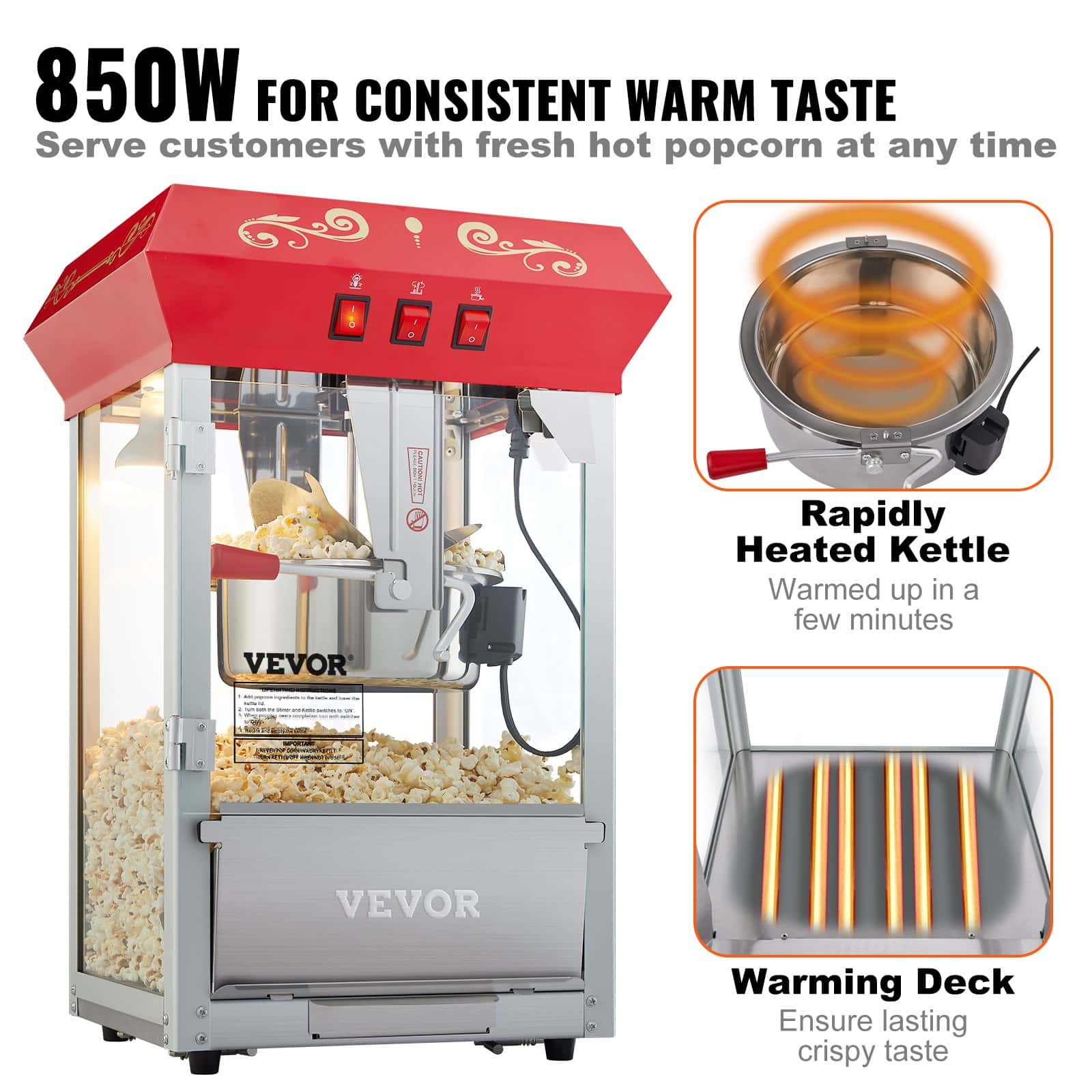 VEVOR 850W Commercial Popcorn Maker with 8 oz Kettle, Makes 48 Cups, Tempered Glass, 4 Scoops, Red Theater-Style - Image 4