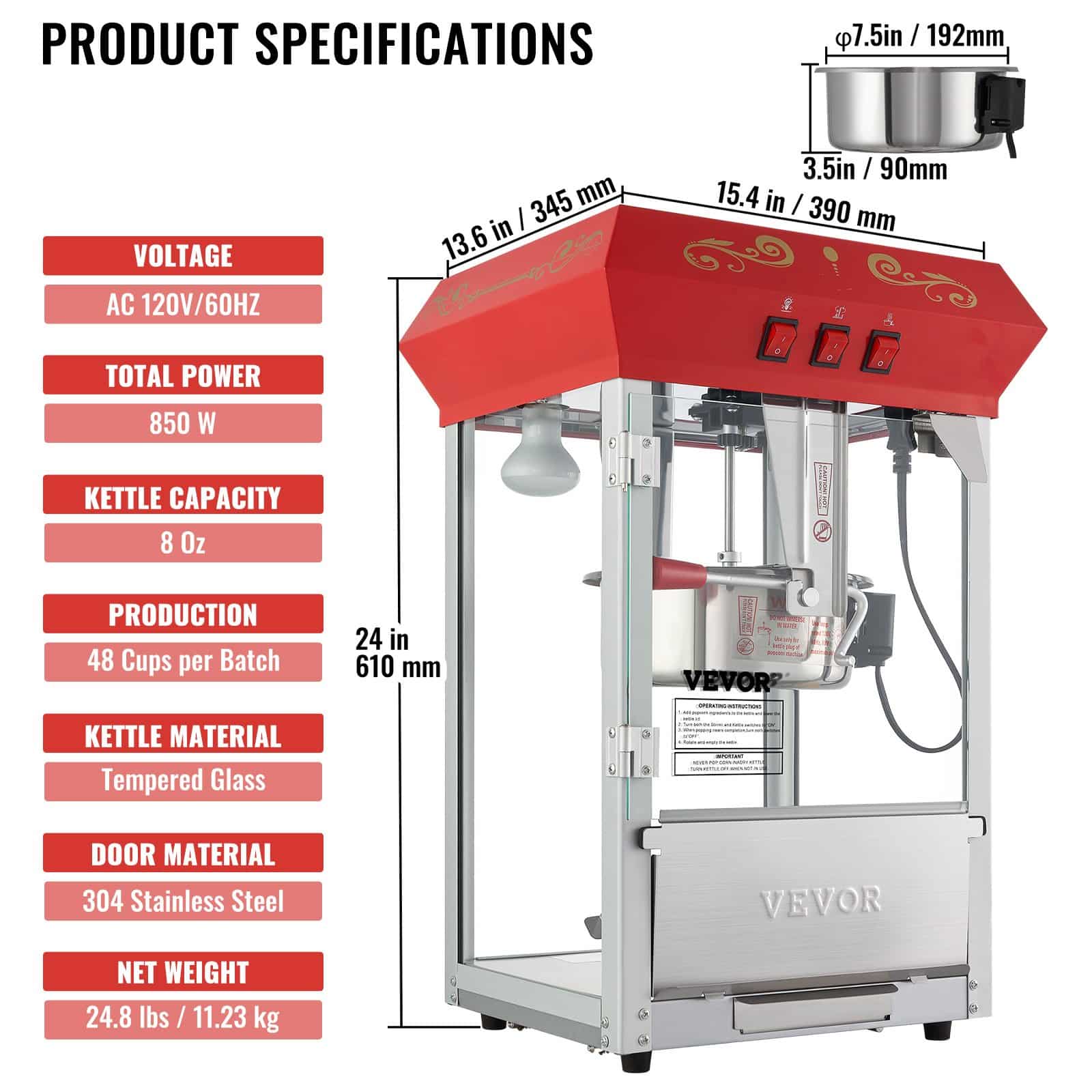 VEVOR 850W Commercial Popcorn Maker with 8 oz Kettle, Makes 48 Cups, Tempered Glass, 4 Scoops, Red Theater-Style - Image 7