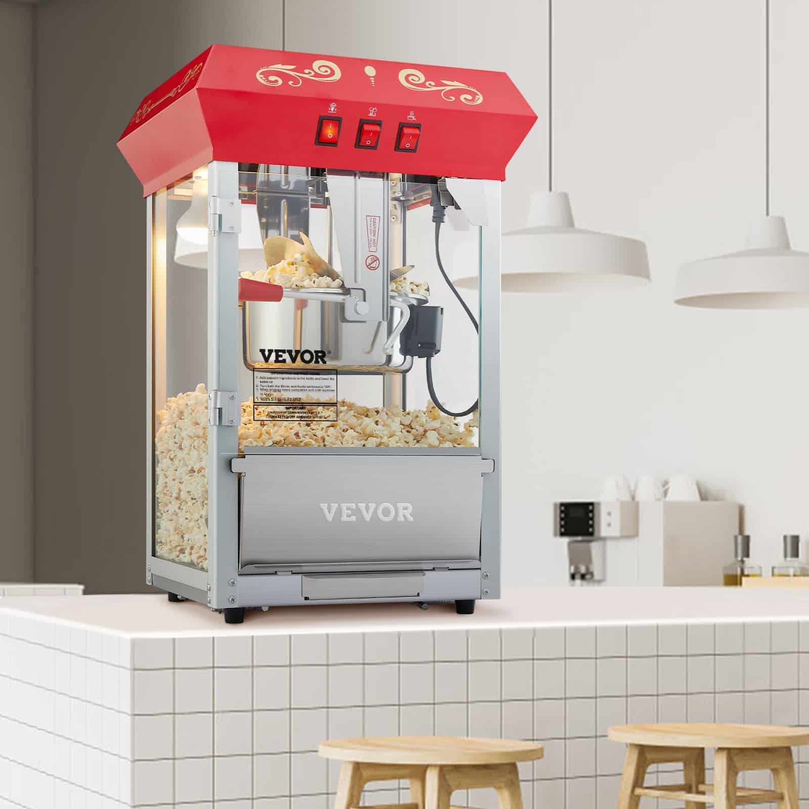 VEVOR 850W Commercial Popcorn Maker with 8 oz Kettle, Makes 48 Cups, Tempered Glass, 4 Scoops, Red Theater-Style - Image 8