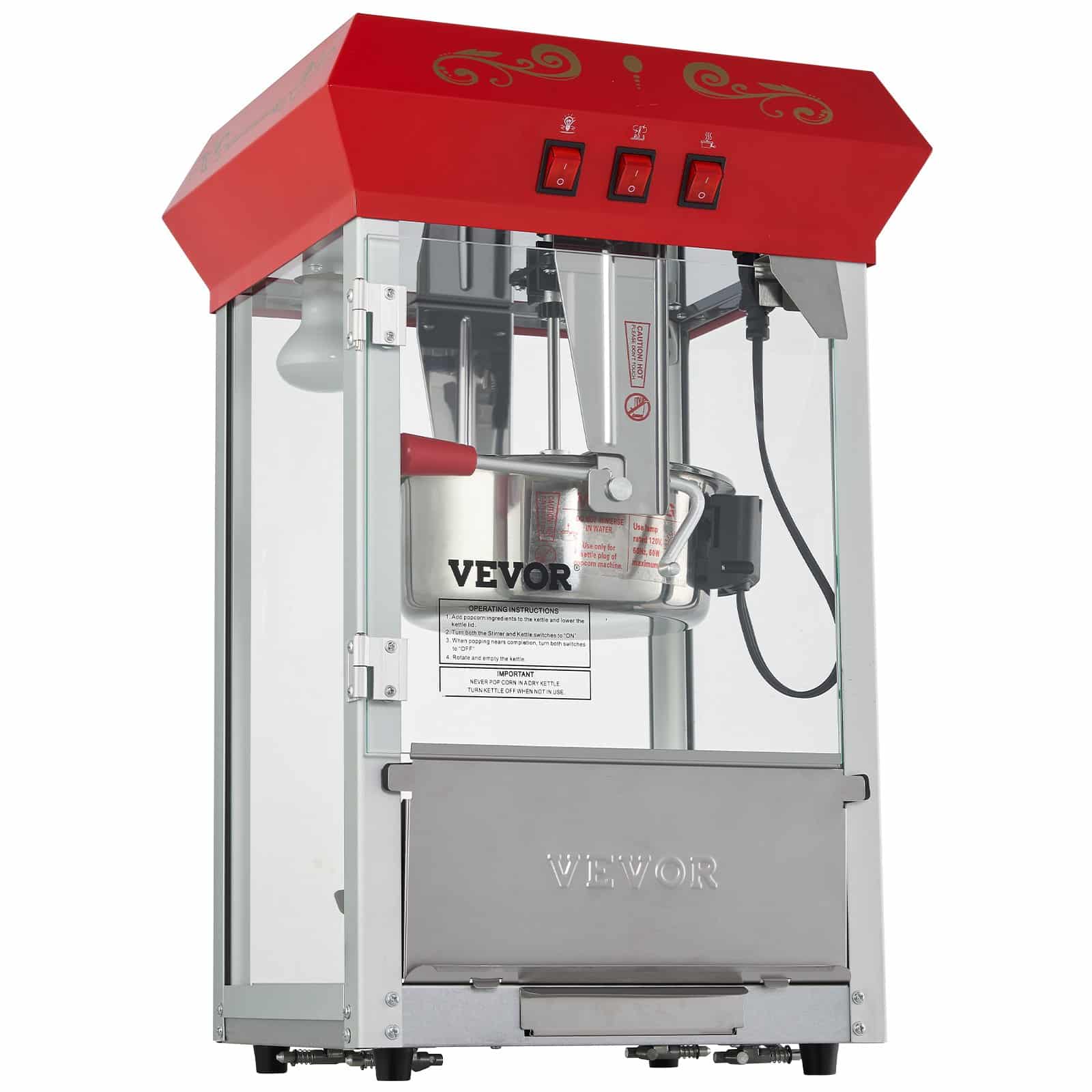 VEVOR 850W Commercial Popcorn Maker with 8 oz Kettle, Makes 48 Cups, Tempered Glass, 4 Scoops, Red Theater-Style - Image 10
