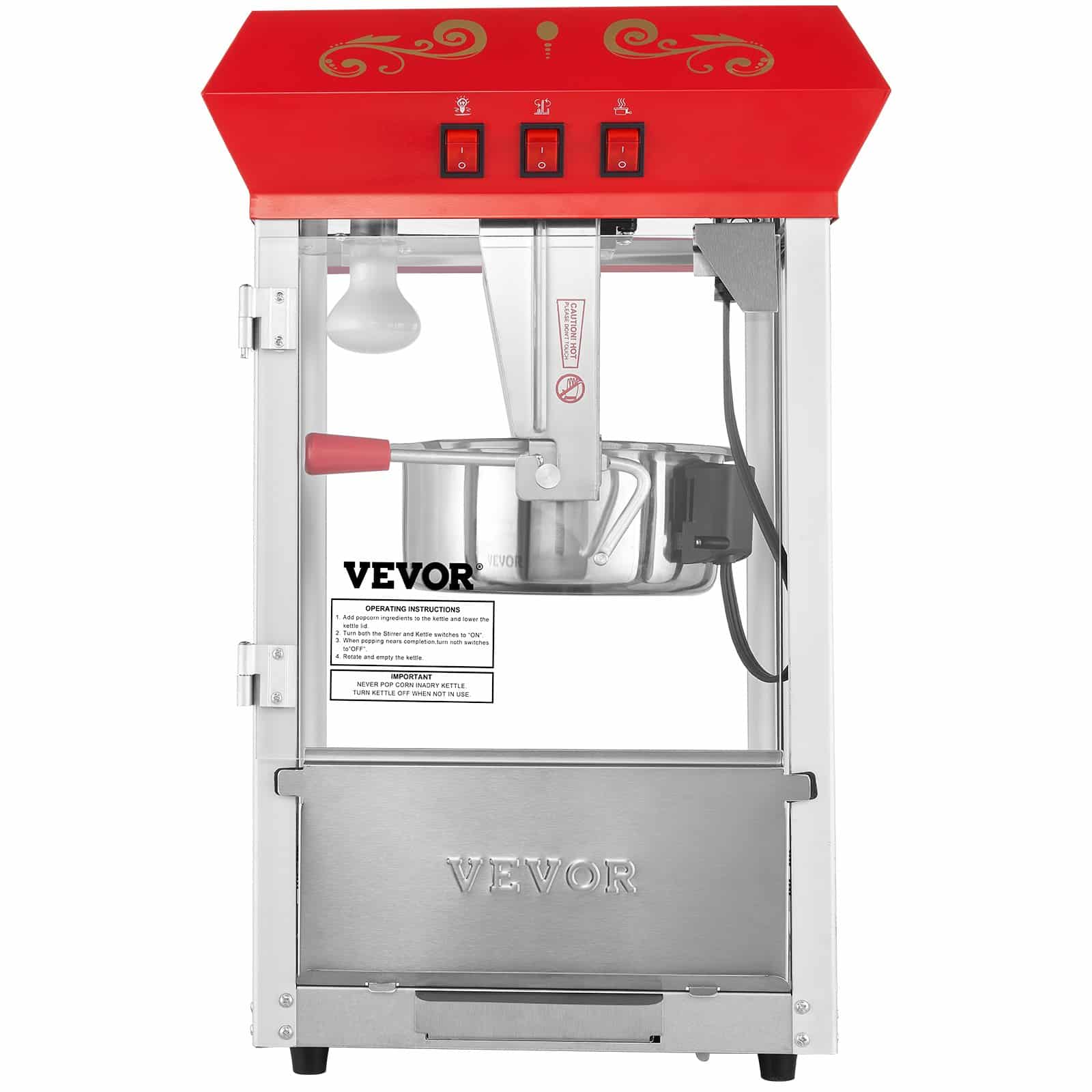 VEVOR 850W Commercial Popcorn Maker with 8 oz Kettle, Makes 48 Cups, Tempered Glass, 4 Scoops, Red Theater-Style - Image 11