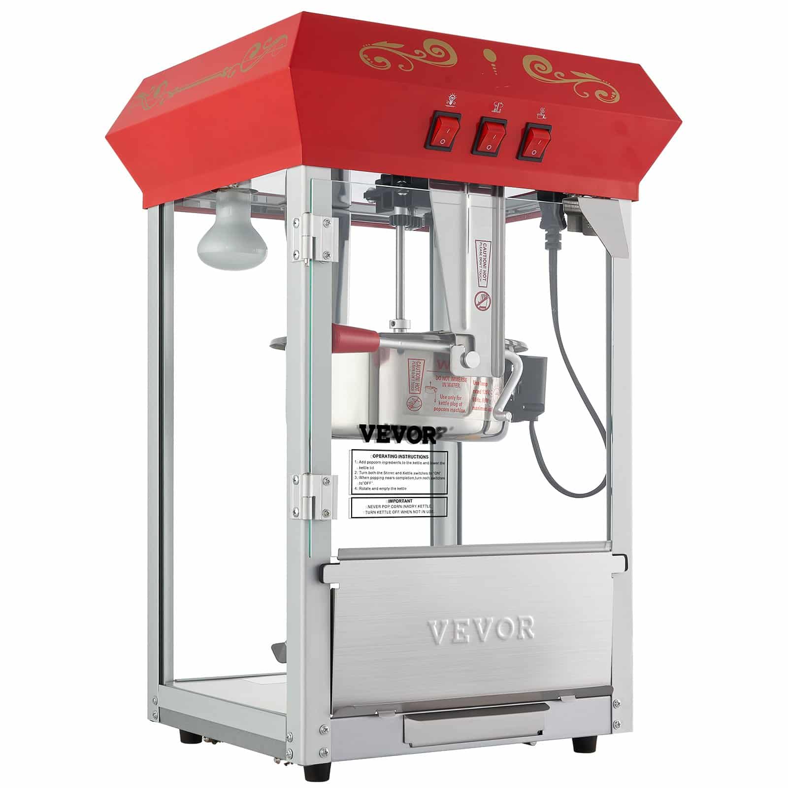 VEVOR 850W Commercial Popcorn Maker with 8 oz Kettle, Makes 48 Cups, Tempered Glass, 4 Scoops, Red Theater-Style - Image 12