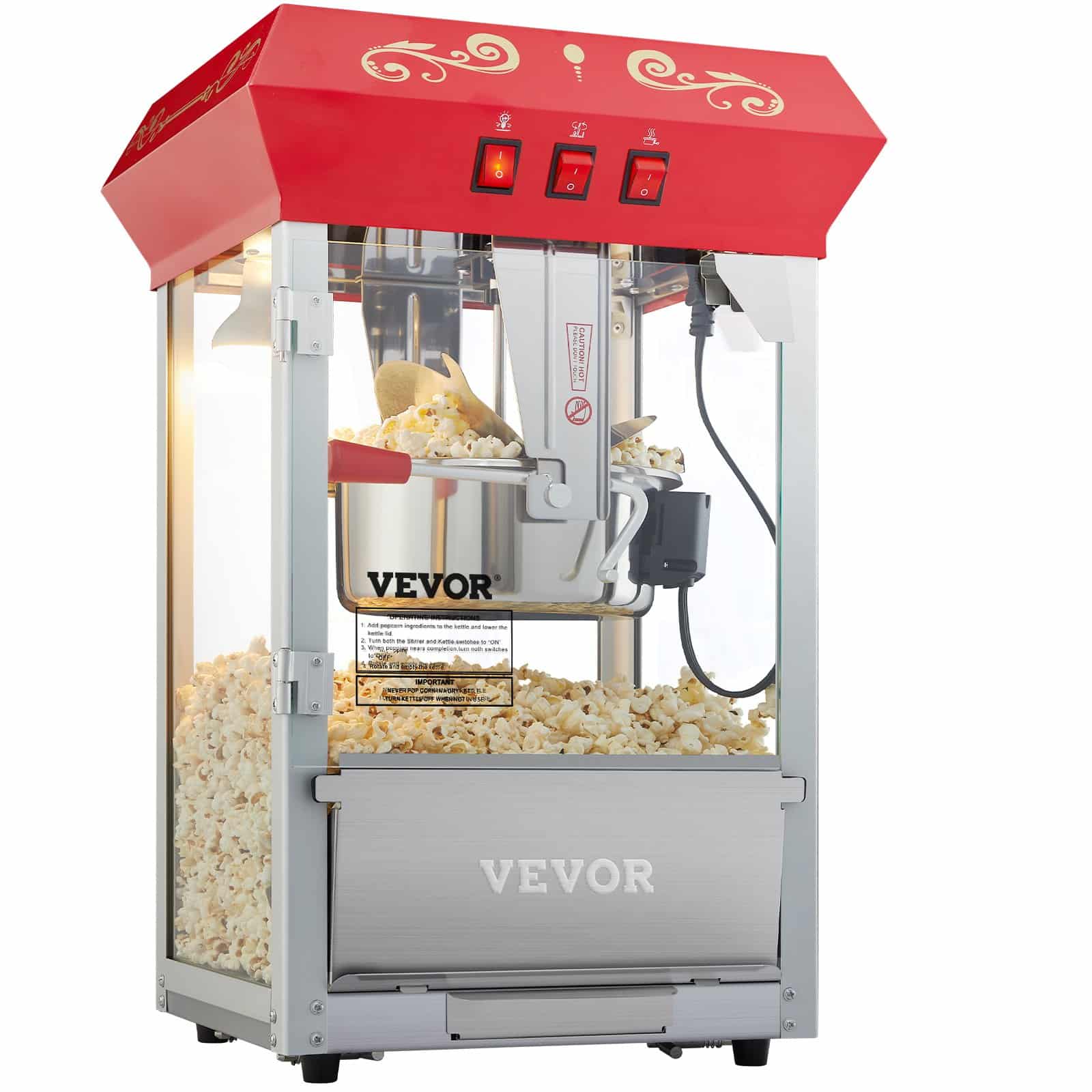 VEVOR 850W Commercial Popcorn Maker with 8 oz Kettle, Makes 48 Cups, Tempered Glass, 4 Scoops, Red Theater-Style - Image 9