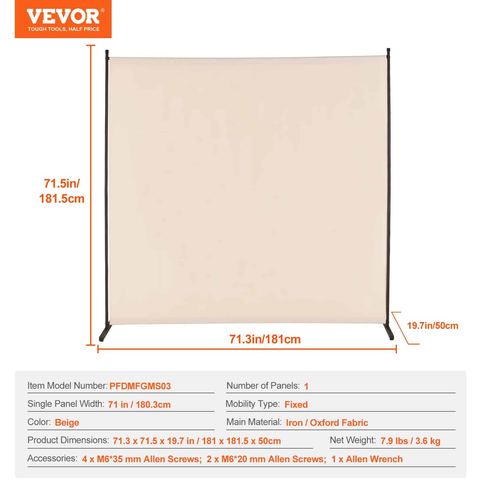 VEVOR Beige 1-Panel Freestanding Room Divider, 181×182×50 cm Privacy Screen with Iron Frame for Bedroom, Office, Indoor Use — изображение 7