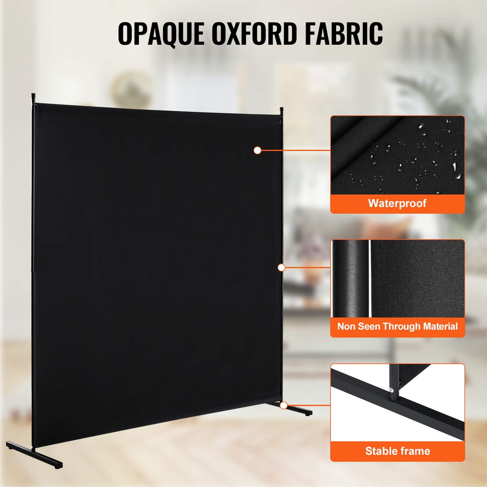 VEVOR 181x181 cm Freestanding Room Divider, Waterproof Oxford Fabric Privacy Screen for Home, Office, Black, Single Panel — изображение 3